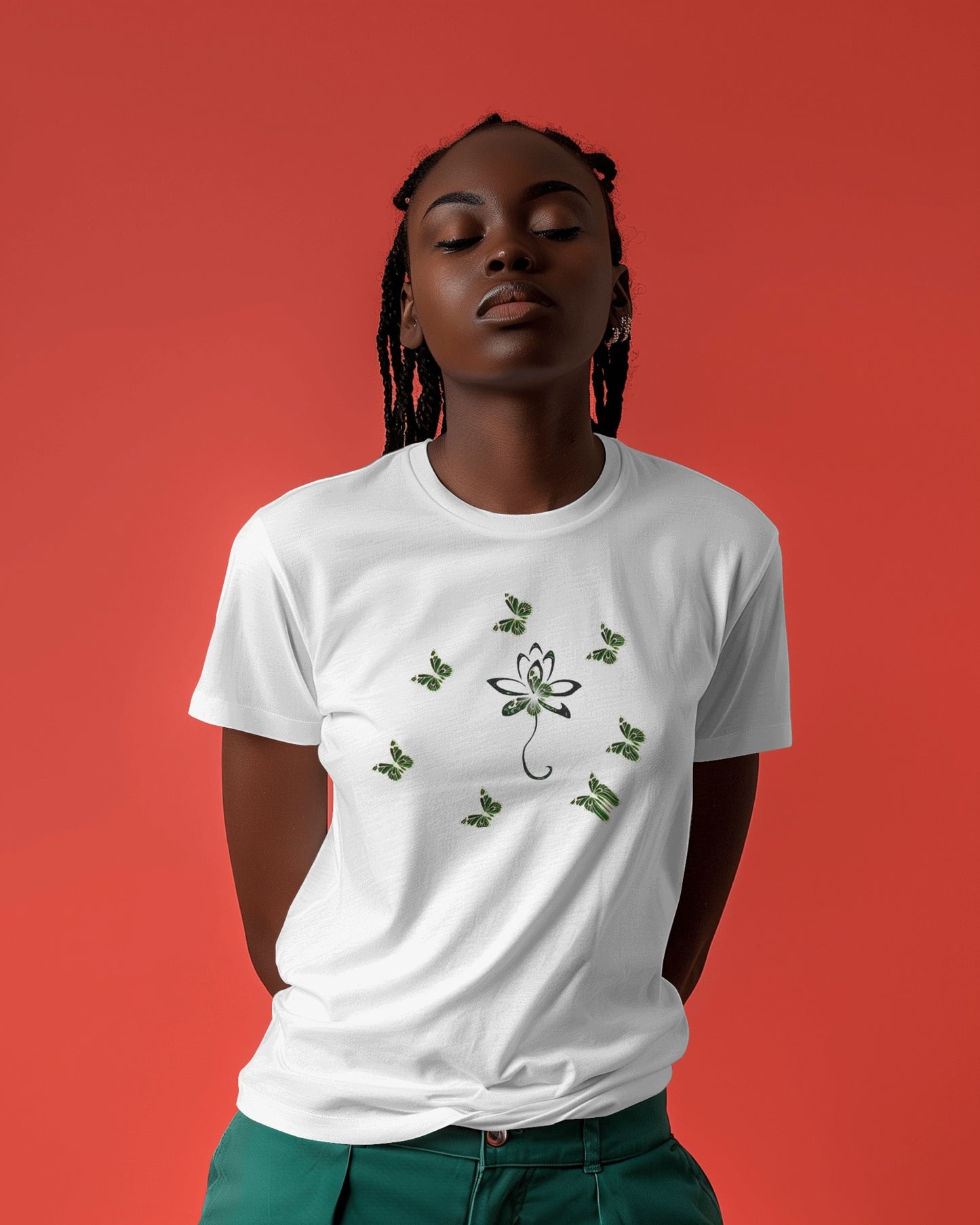 Eco-friendly organic cotton White color t-shirt with green environmental design featuring leaf patterns and nature symbols
