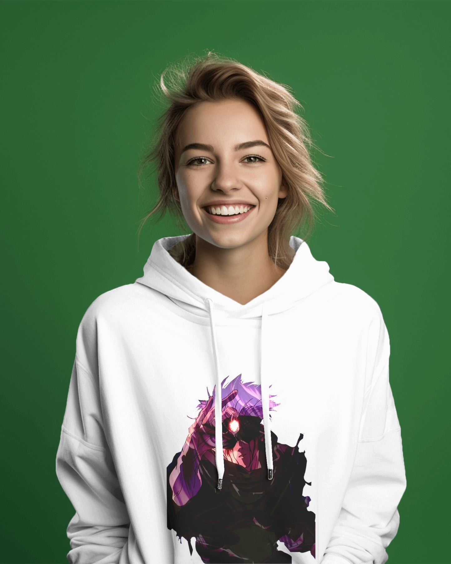White infinity streetwear hoodie featuring minimal urban design, oversized hood and split pocket details