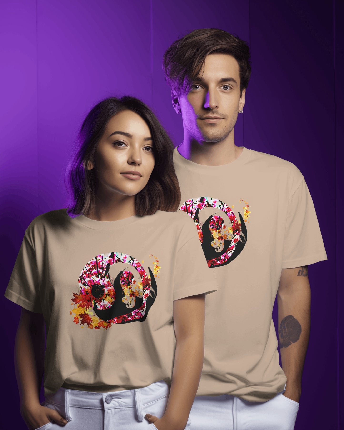 Soft Sand color t-shirt featuring artistic yin yang symbol created with black and white cats in circular balance