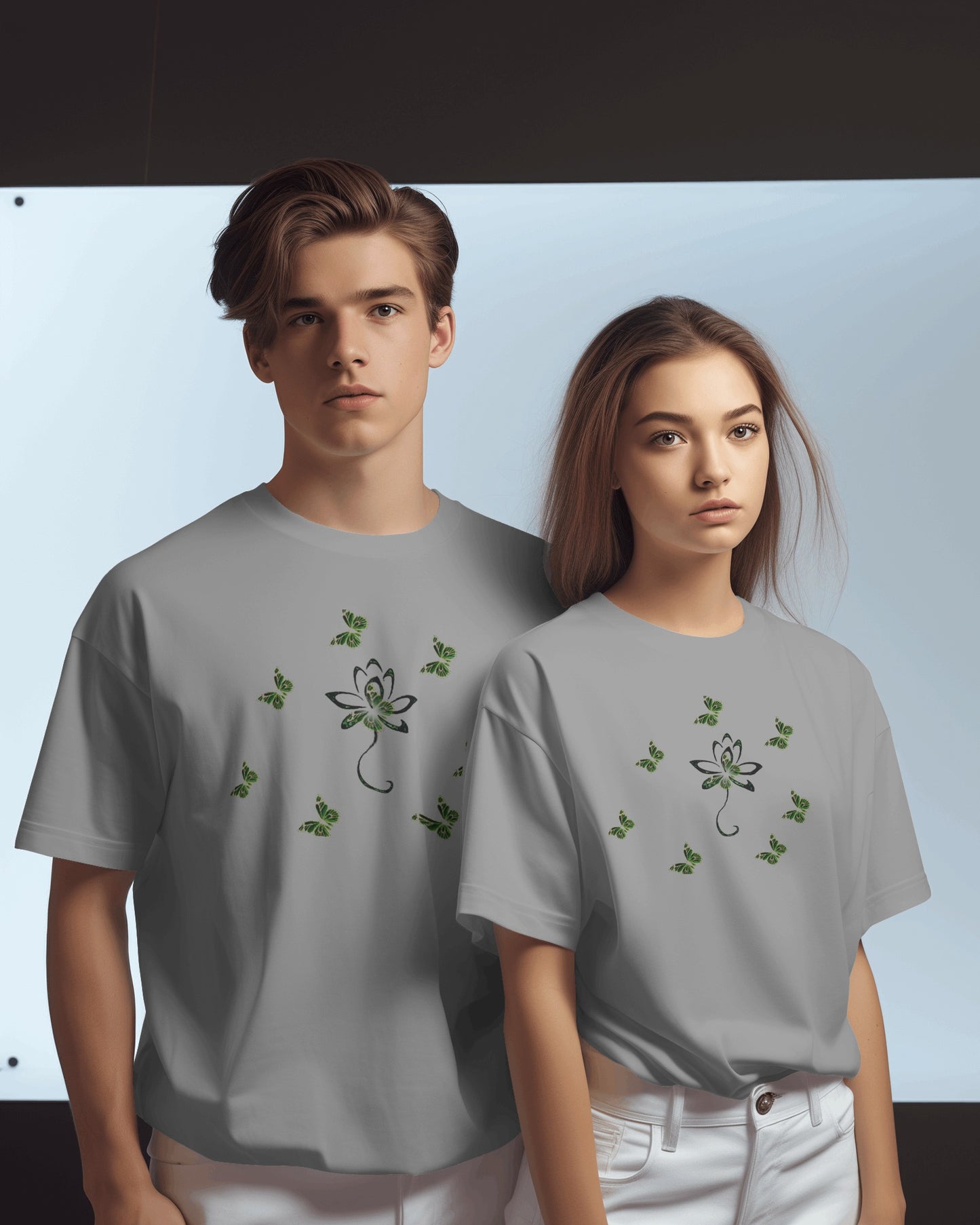 Eco-friendly organic cotton Carbon Grey color t-shirt with green environmental design featuring leaf patterns and nature symbols