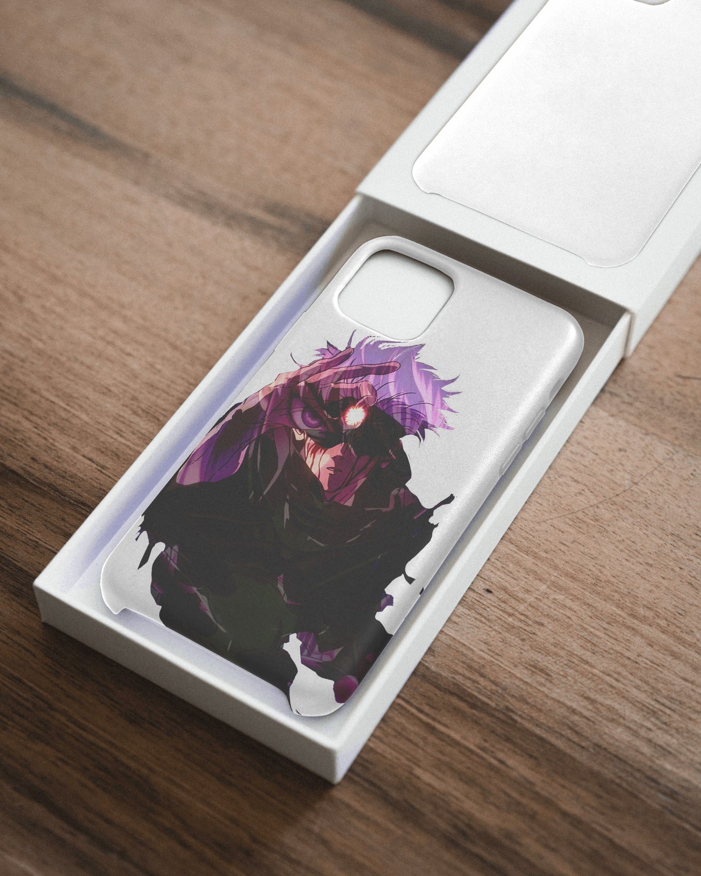 iPhone case featuring Gojo Satoru design with blue Six Eyes and Limitless technique elements from Jujutsu Kaisen