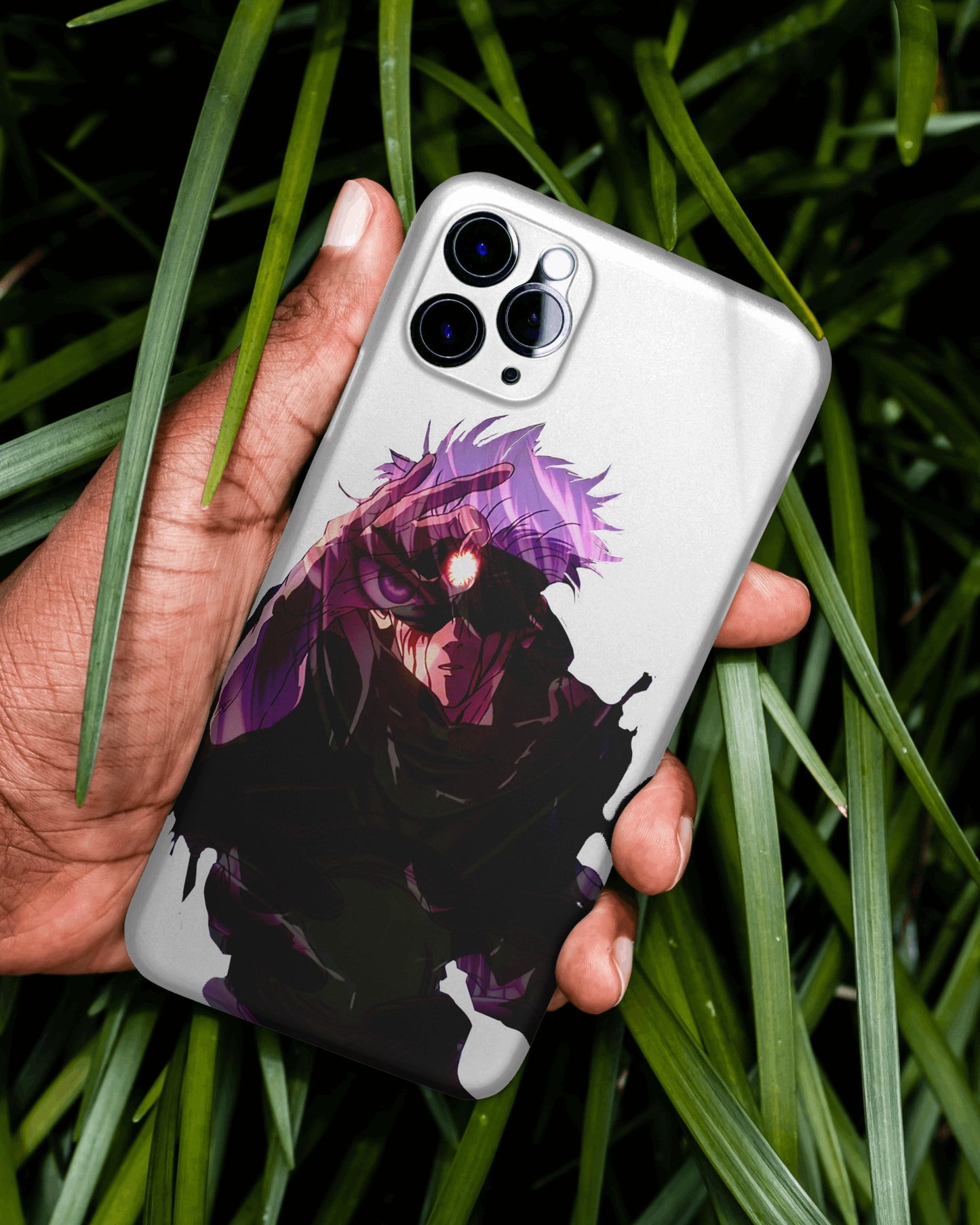 iPhone case featuring Gojo Satoru design with blue Six Eyes and Limitless technique elements from Jujutsu Kaisen