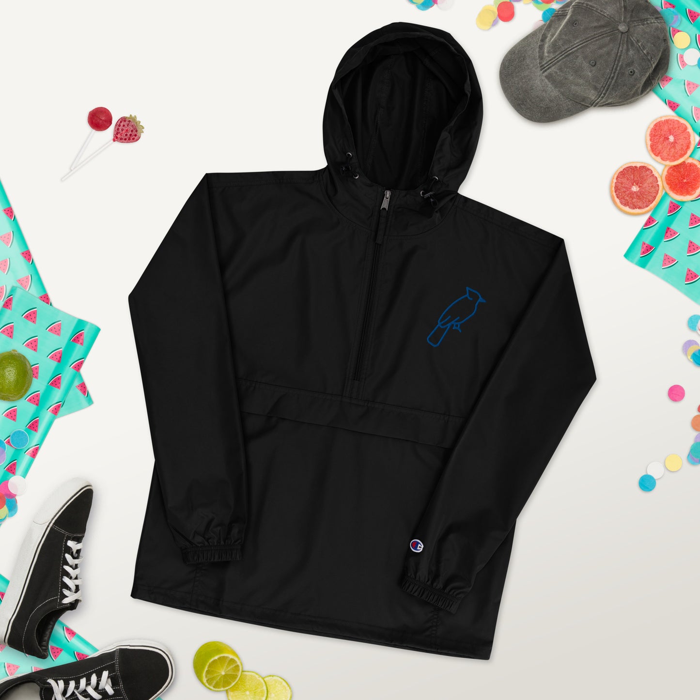 Black Champion jacket with custom blue embroidered details, adjustable hood and front zipper