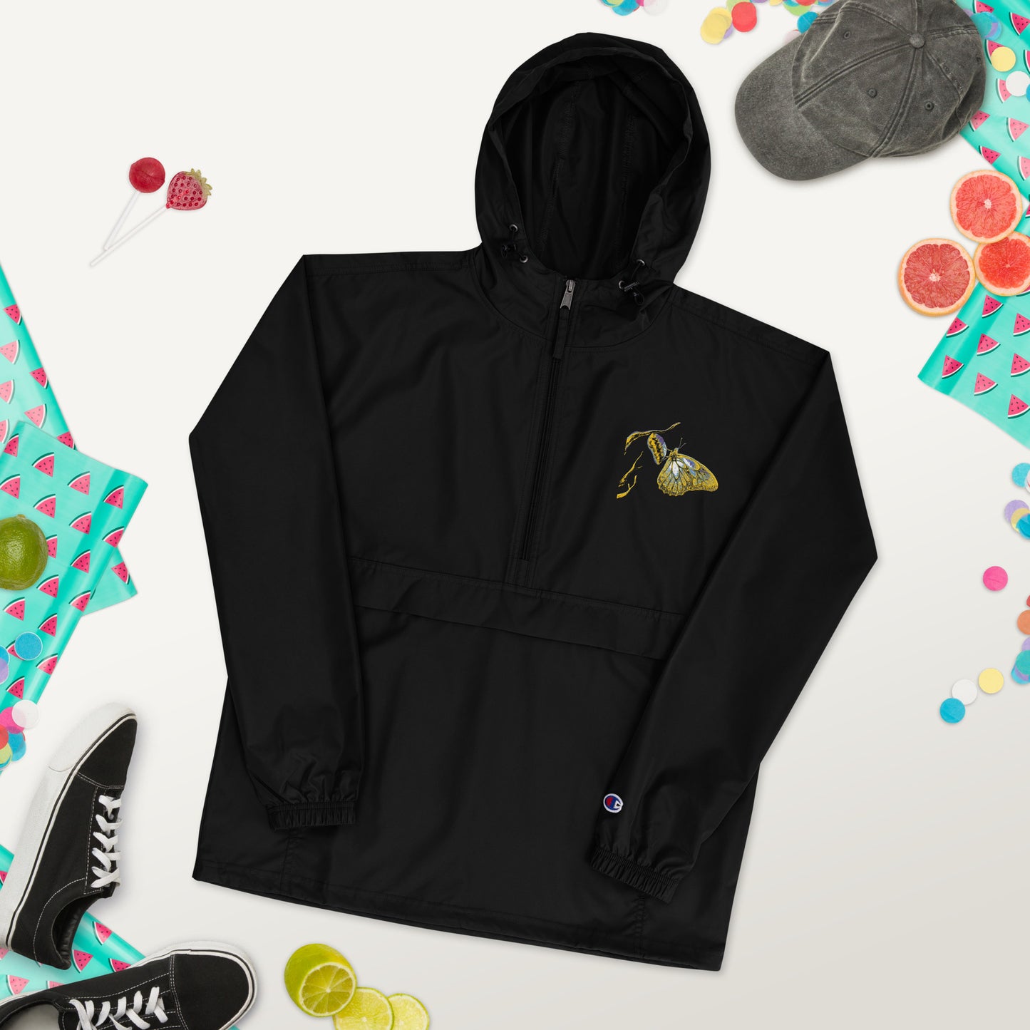 Black champion bomber jacket with gold embroidered details, ribbed collar and vintage styling