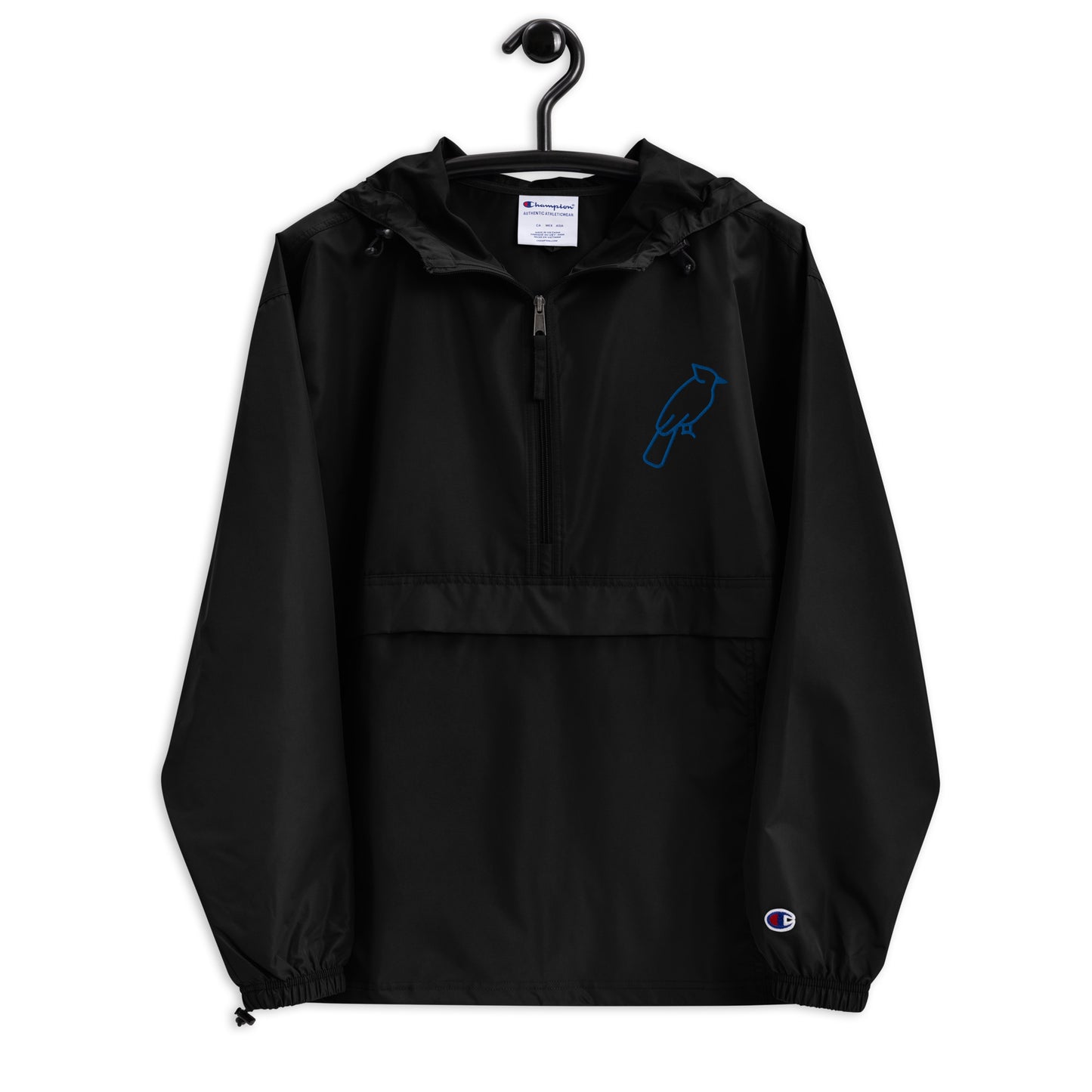 Black Champion jacket with custom blue embroidered details, adjustable hood and front zipper
