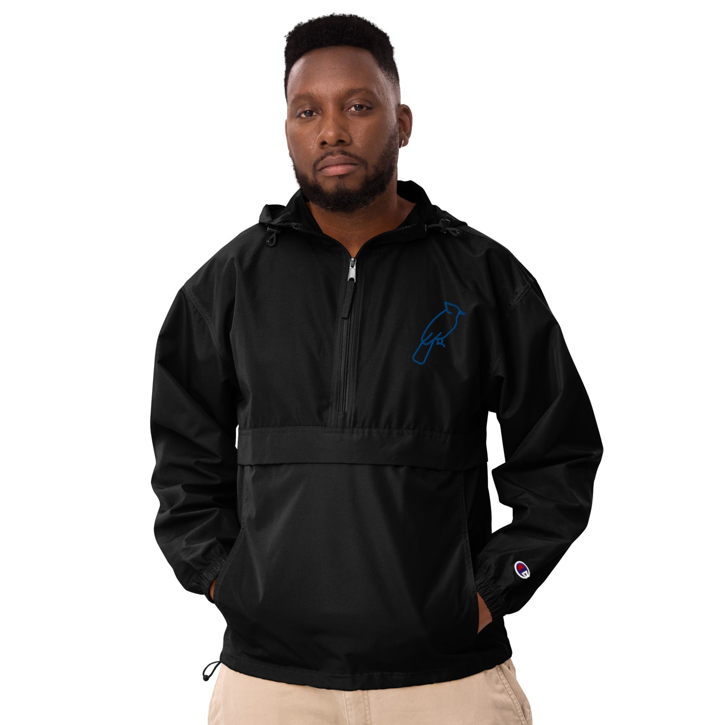 Black Champion jacket with custom blue embroidered details, adjustable hood and front zipper