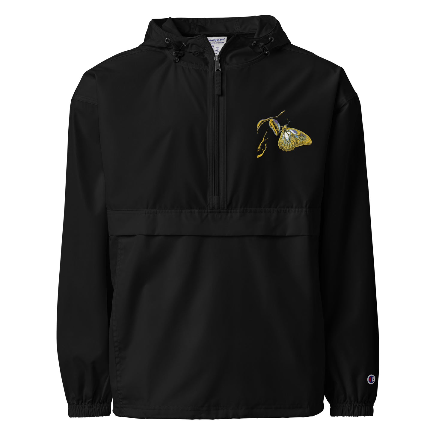 Black champion bomber jacket with gold embroidered details, ribbed collar and vintage styling