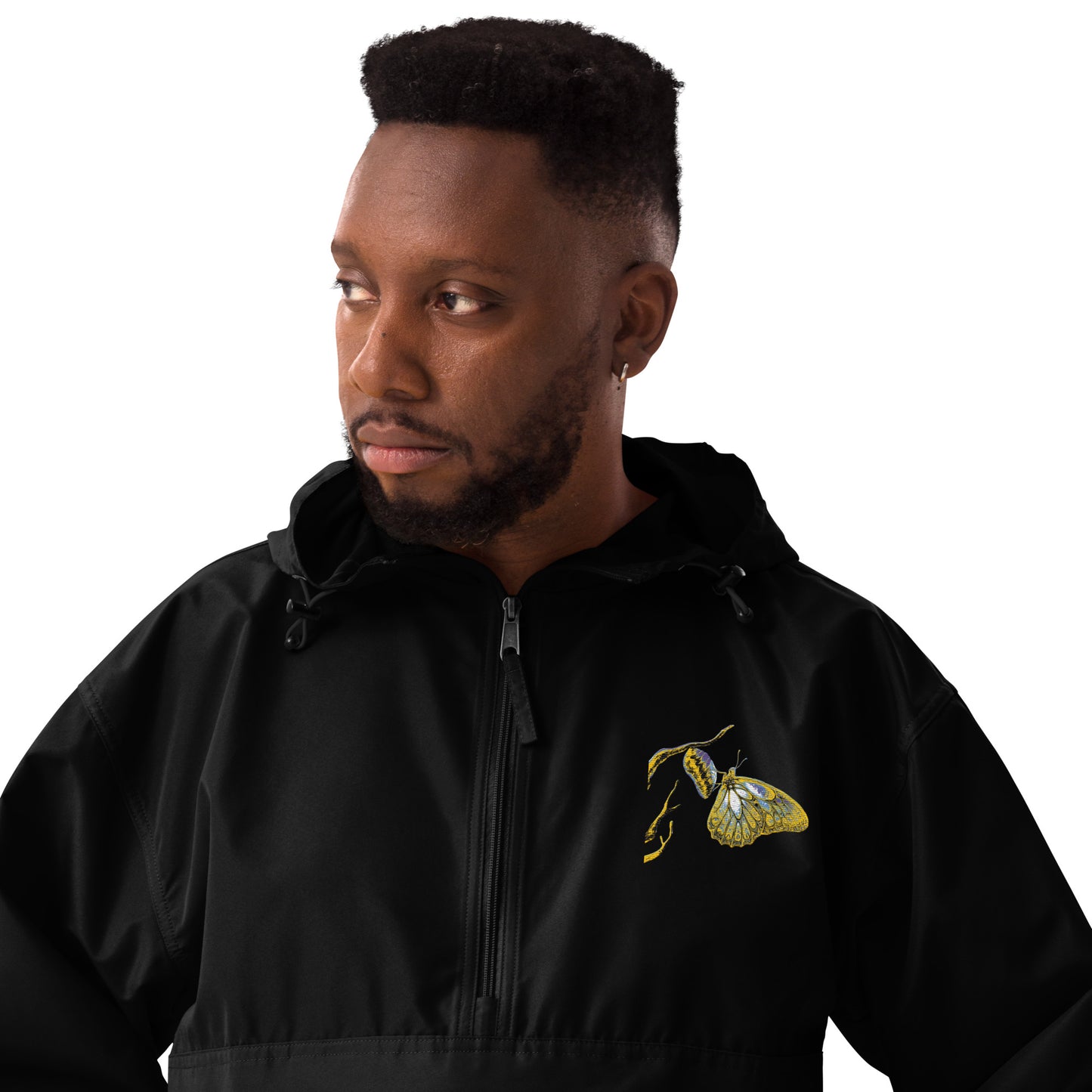 Black champion bomber jacket with gold embroidered details, ribbed collar and vintage styling