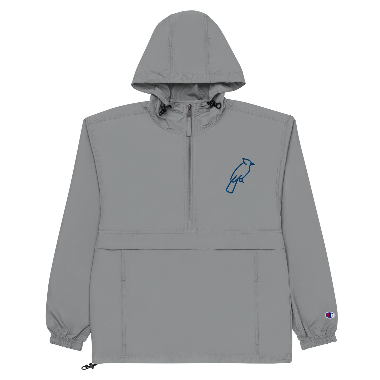 Grey Champion jacket with custom blue embroidered details, adjustable hood and front zipper