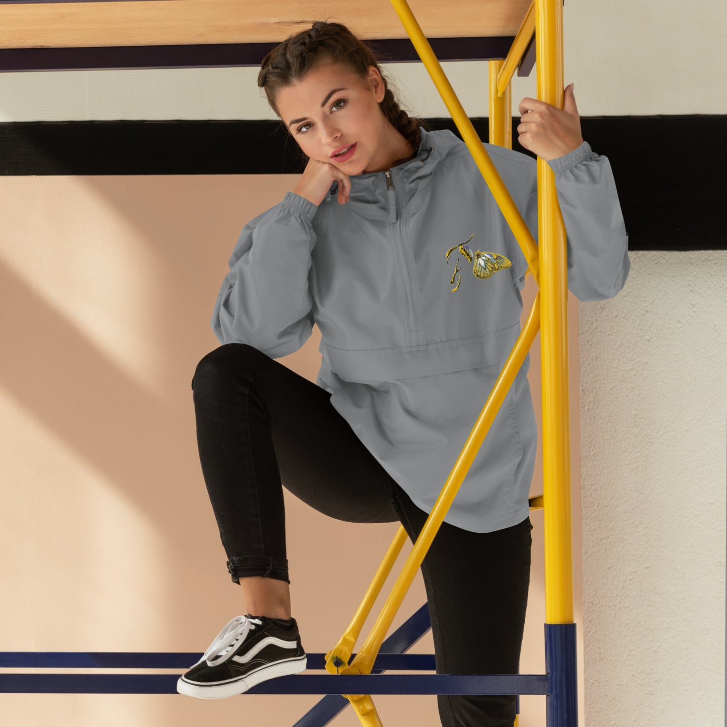 Graphite champion bomber jacket with gold embroidered details, ribbed collar and vintage styling