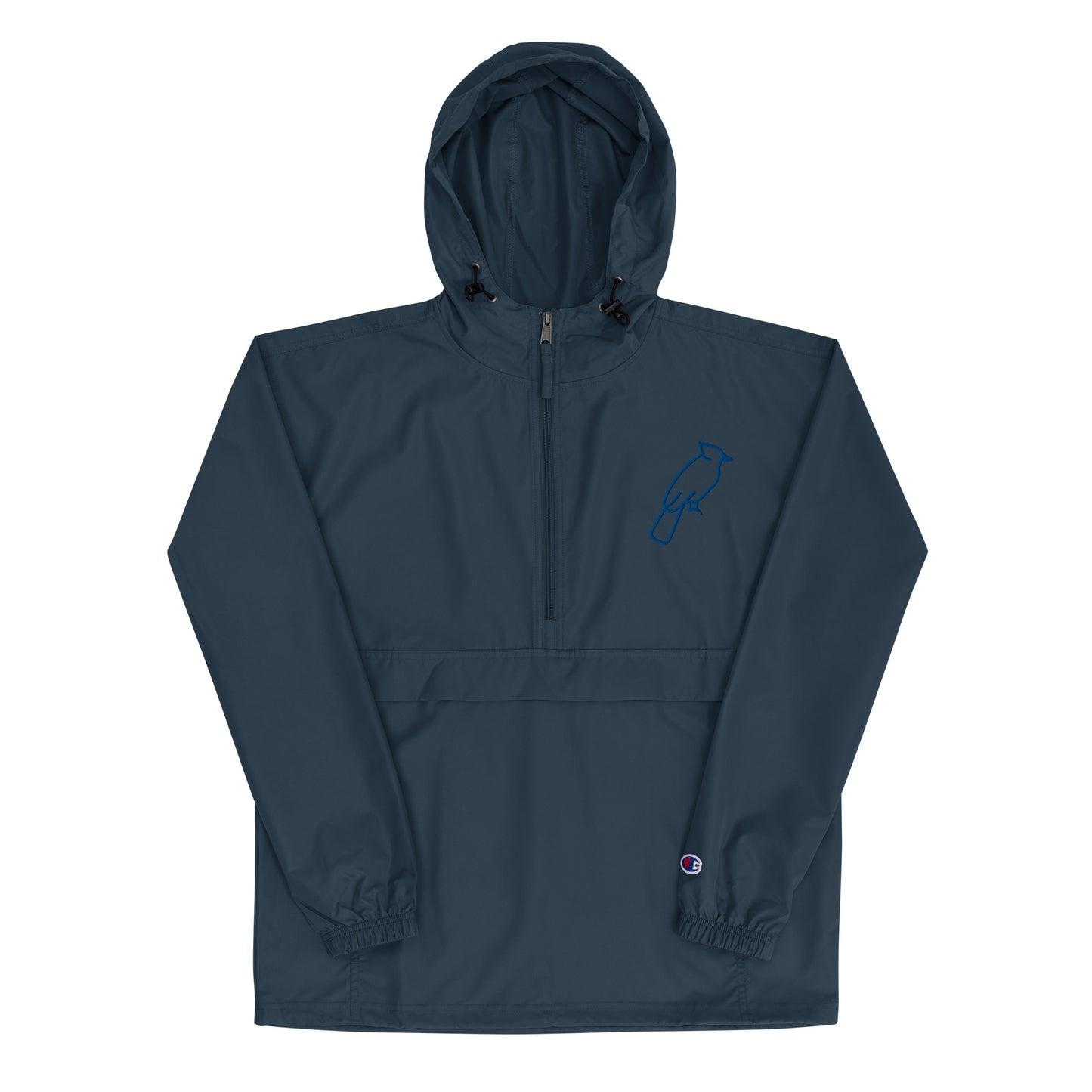 Navy Champion jacket with custom blue embroidered details, adjustable hood and front zipper