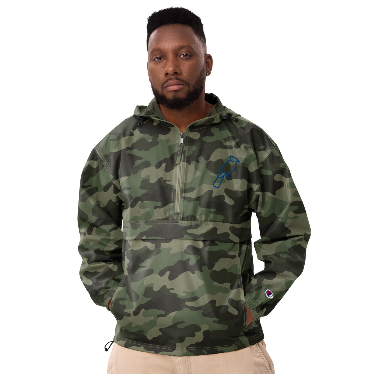 Olive Green Champion jacket with custom blue embroidered details, adjustable hood and front zipper