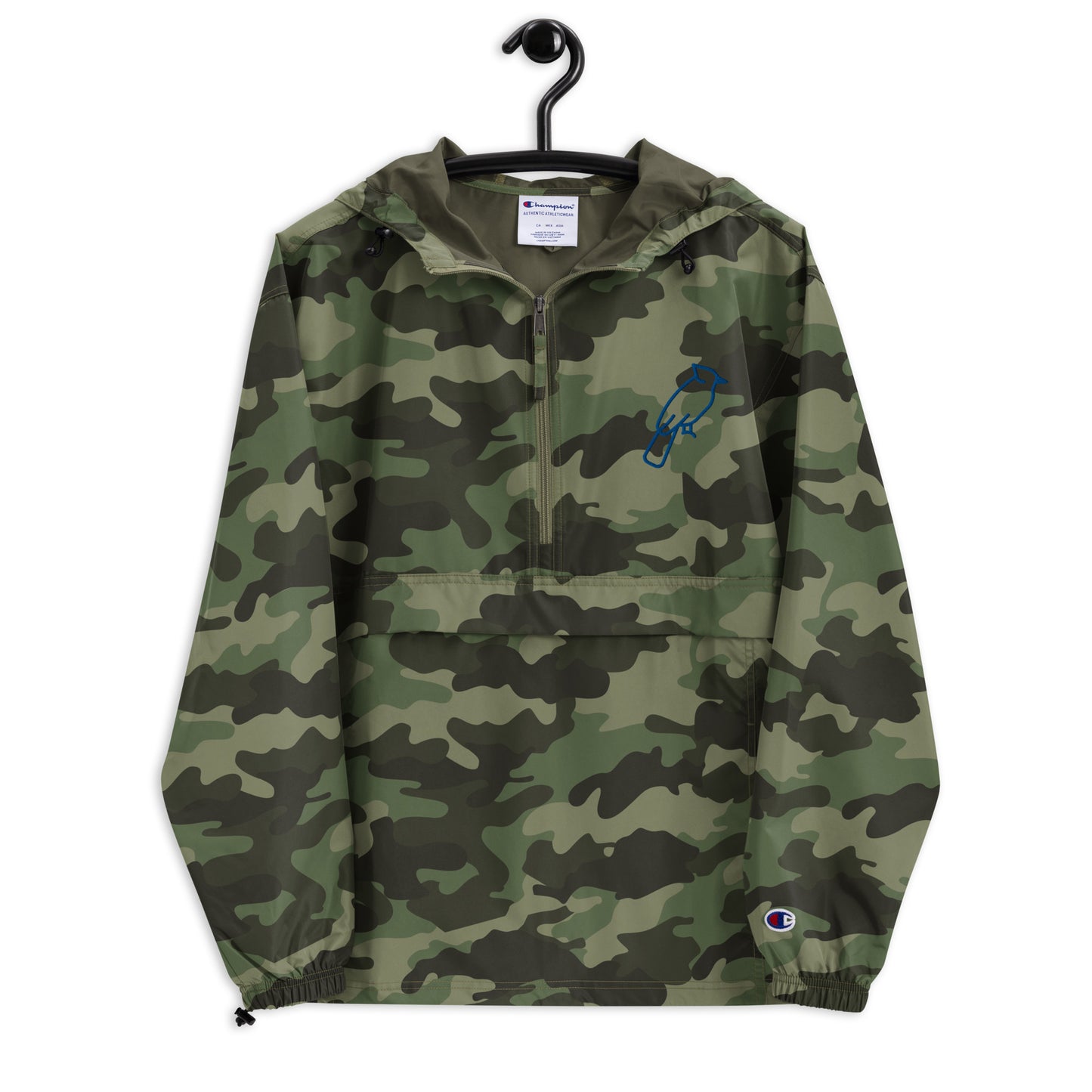 Olive Green Champion jacket with custom blue embroidered details, adjustable hood and front zipper