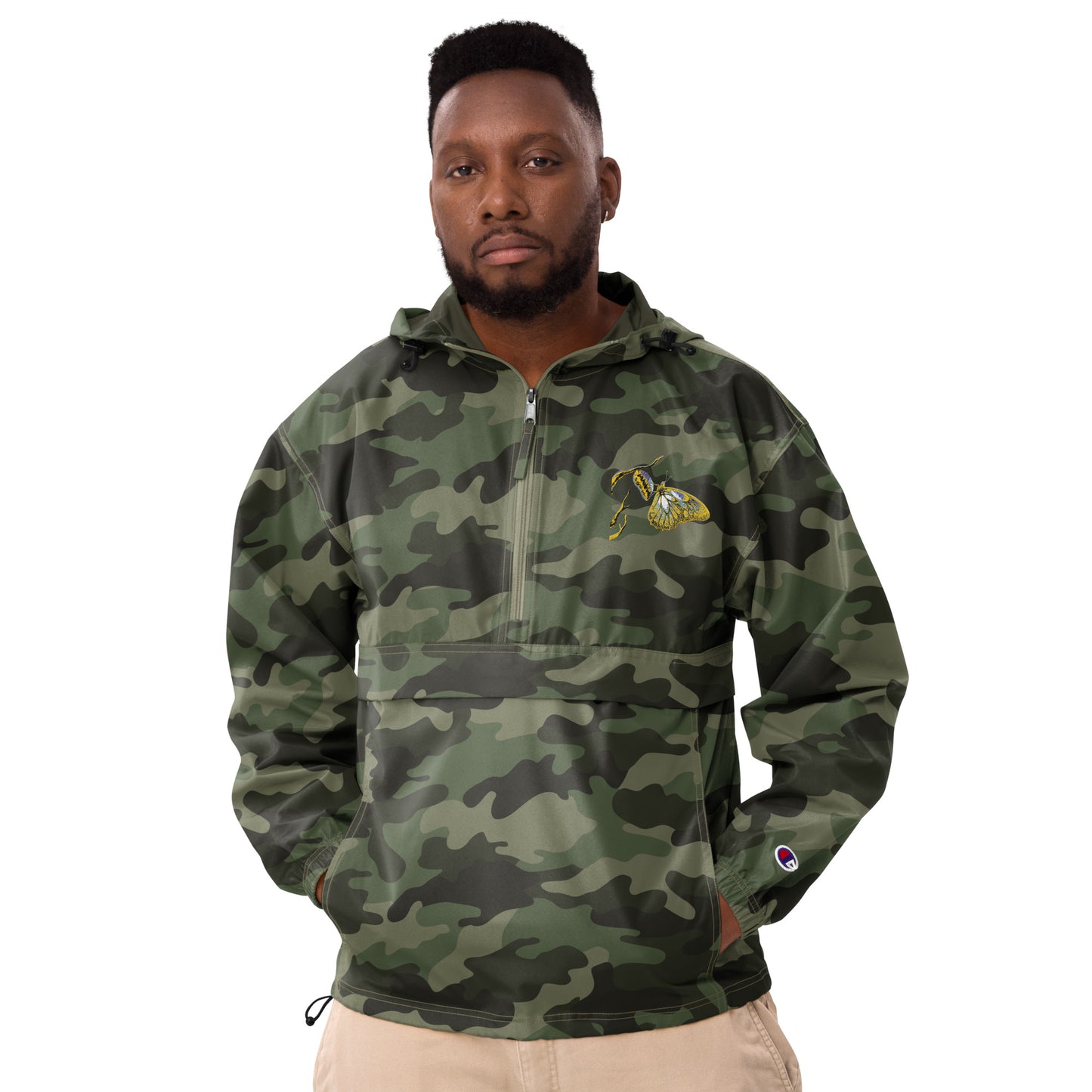 Olive Green champion bomber jacket with gold embroidered details, ribbed collar and vintage styling
