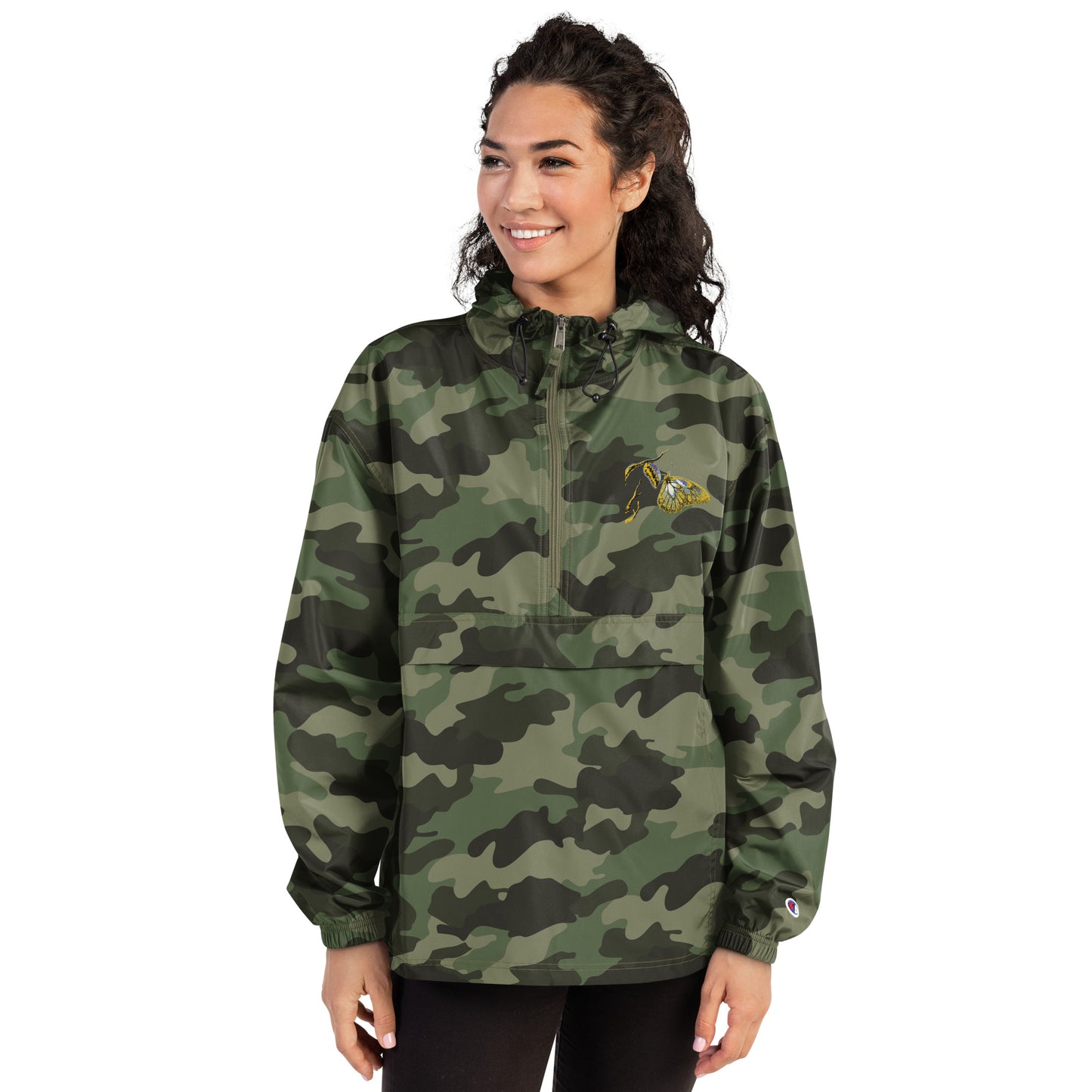 Olive Green champion bomber jacket with gold embroidered details, ribbed collar and vintage styling