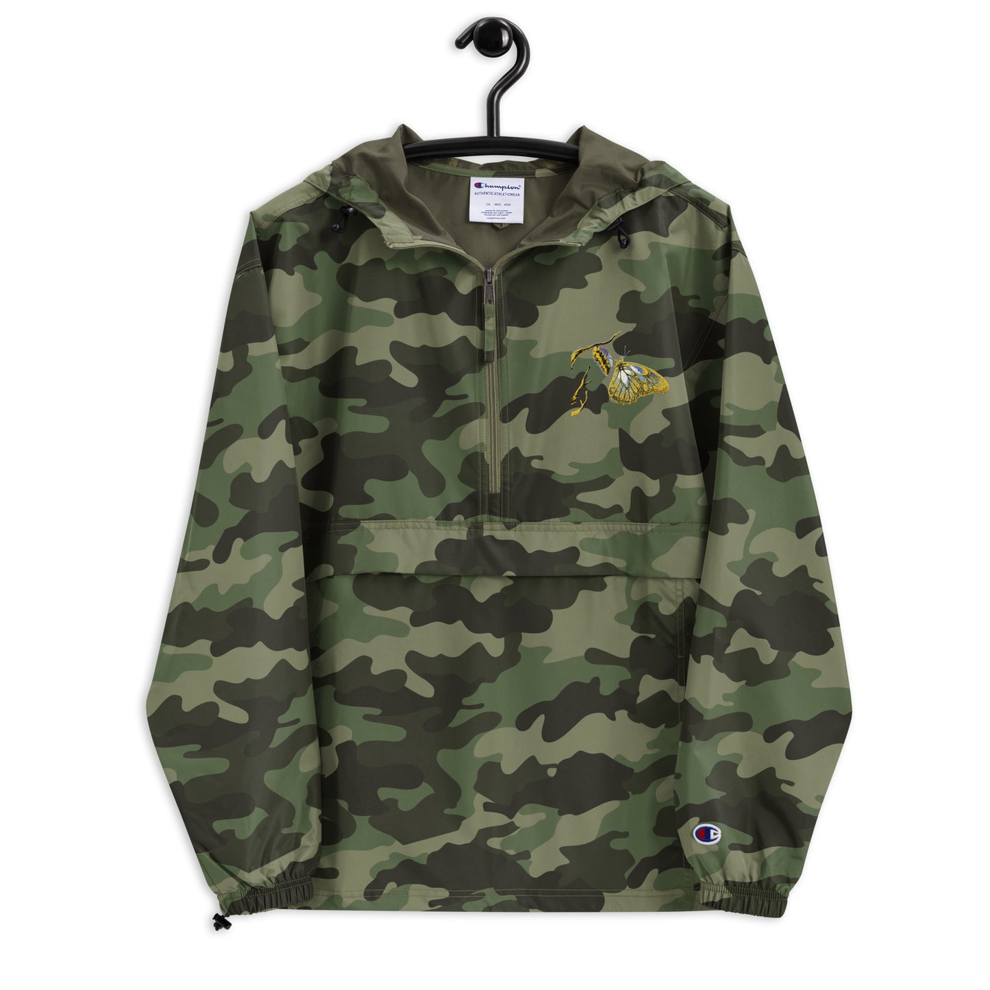 Olive Green champion bomber jacket with gold embroidered details, ribbed collar and vintage styling