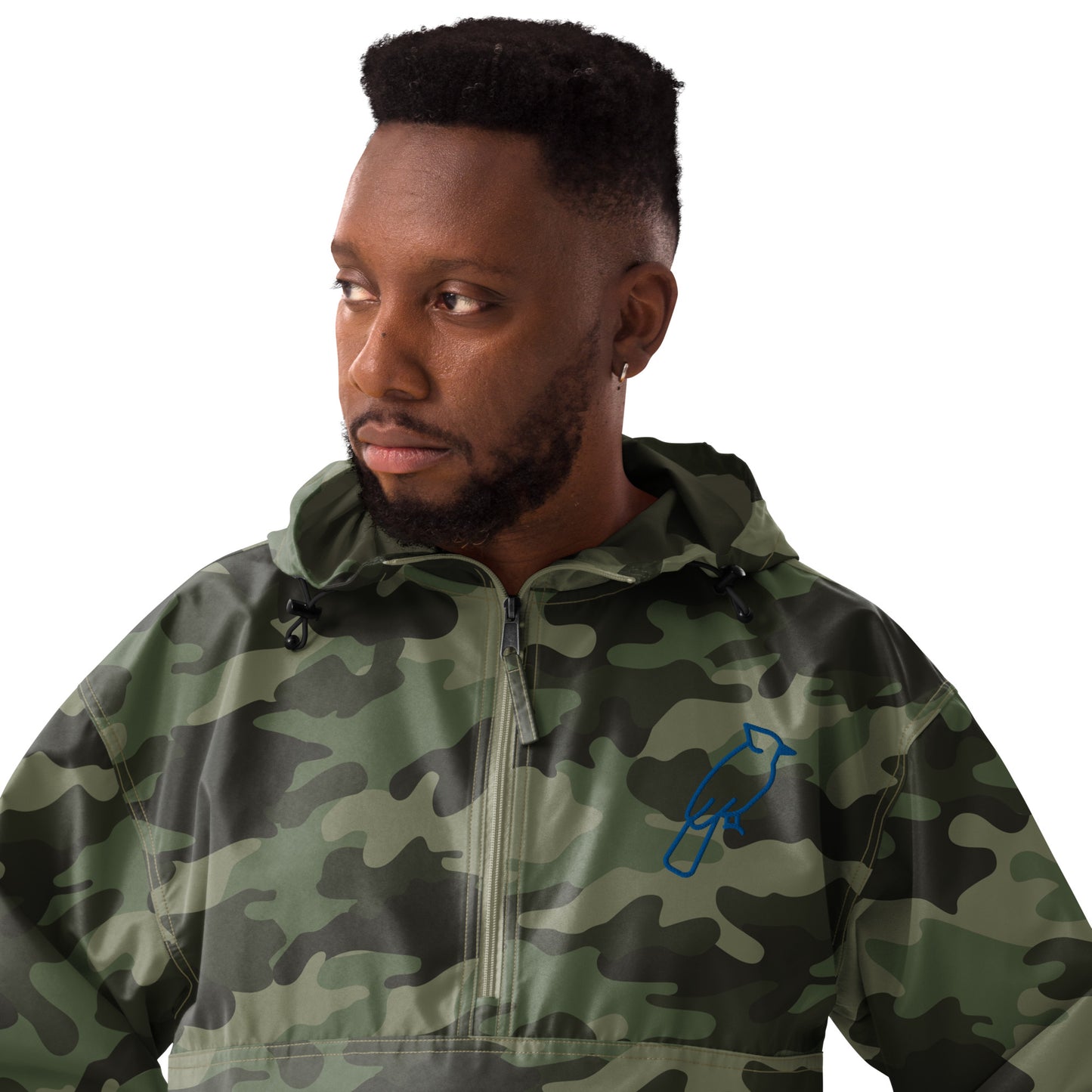 Olive Green Champion jacket with custom blue embroidered details, adjustable hood and front zipper