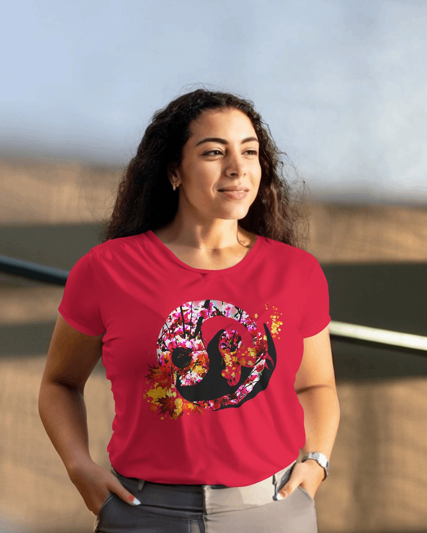 Soft Cardinal color t-shirt featuring artistic yin yang symbol created with black and white cats in circular balance