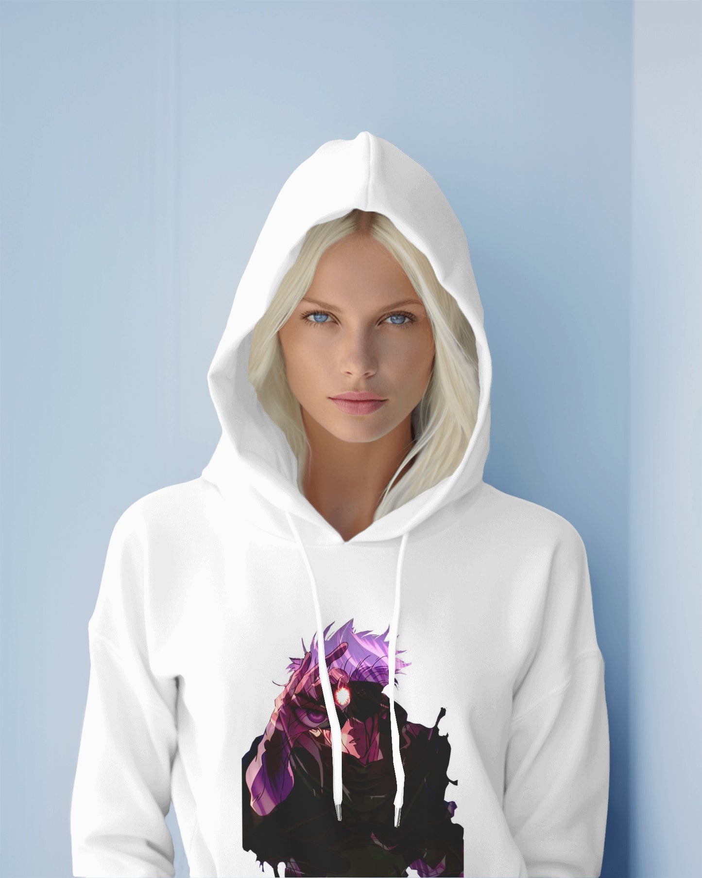 White infinity streetwear hoodie featuring minimal urban design, oversized hood and split pocket details