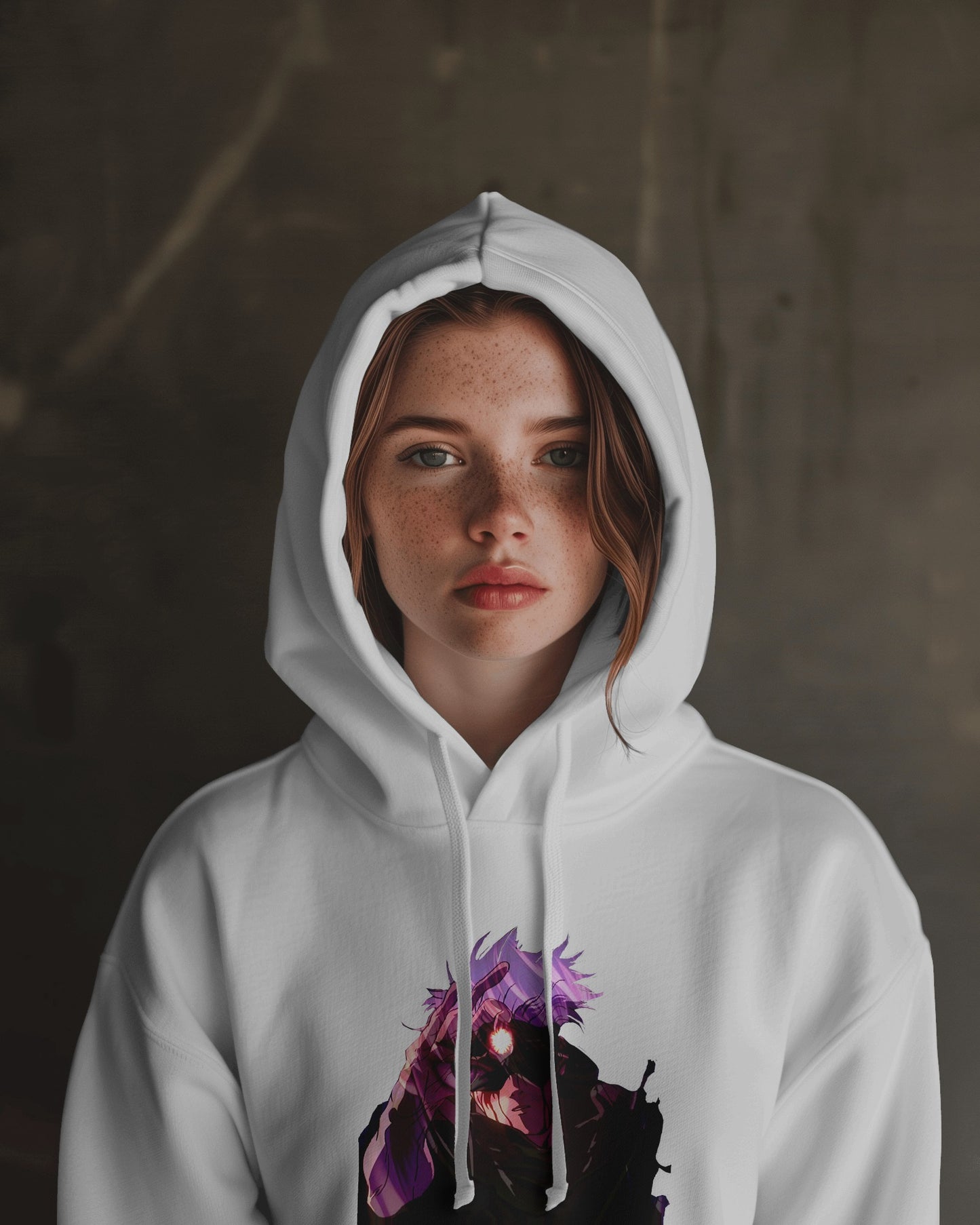 White infinity streetwear hoodie featuring minimal urban design, oversized hood and split pocket details