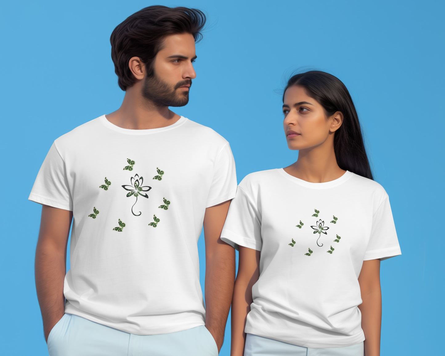 Eco-friendly organic cotton White color t-shirt with green environmental design featuring leaf patterns and nature symbols