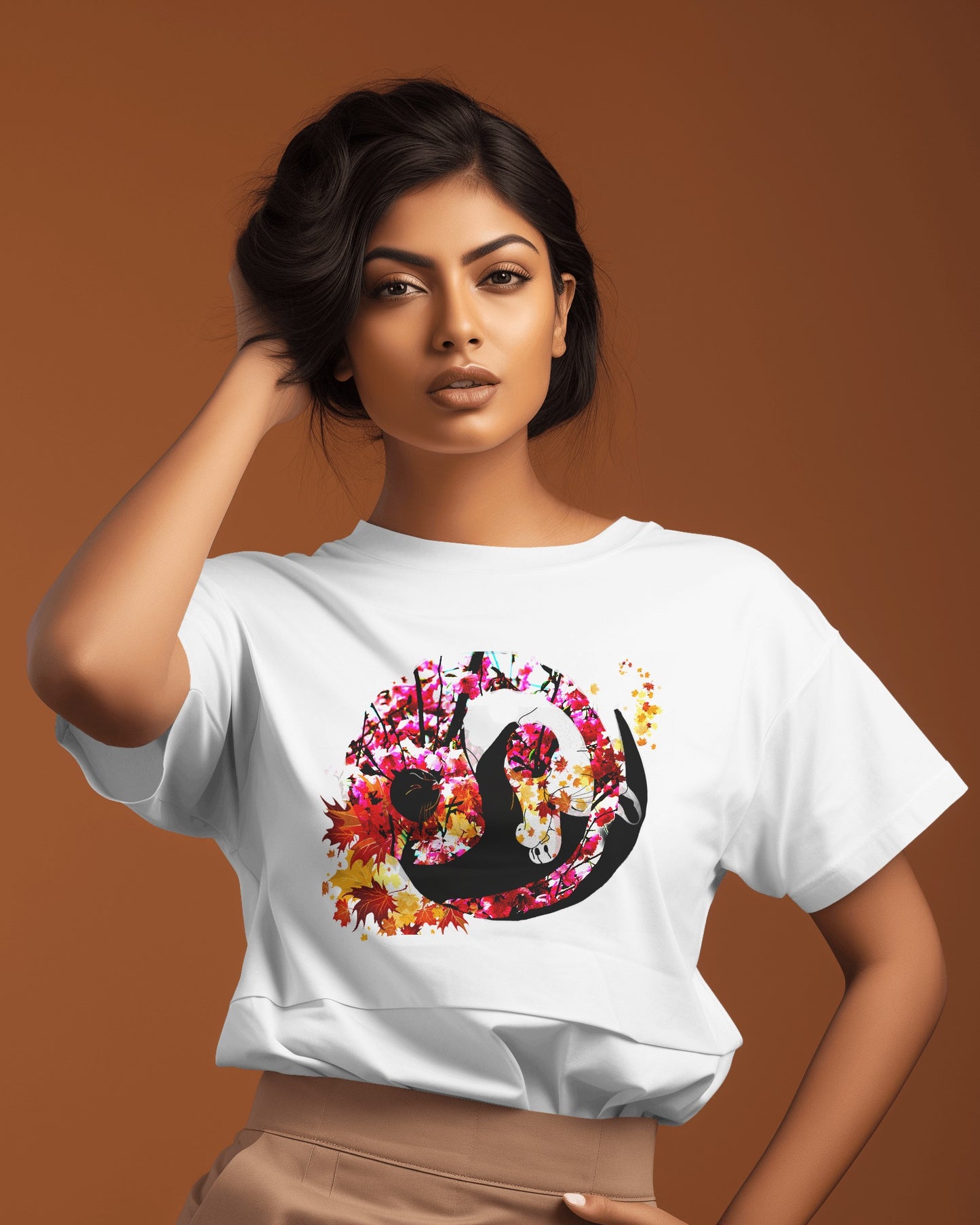 Soft White color t-shirt featuring artistic yin yang symbol created with black and white cats in circular balance