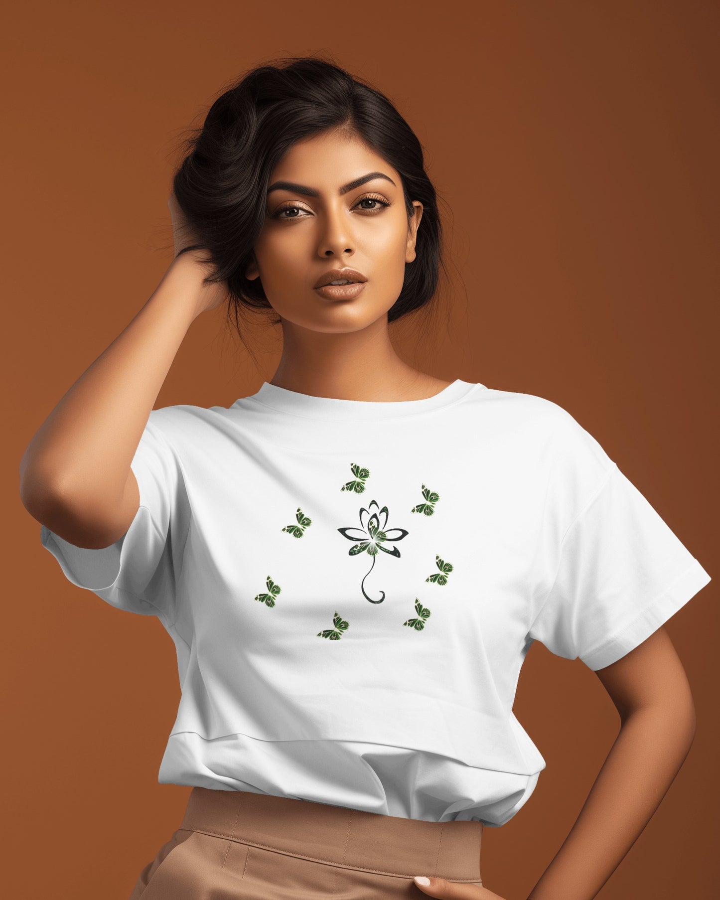 Eco-friendly organic cotton White color t-shirt with green environmental design featuring leaf patterns and nature symbols