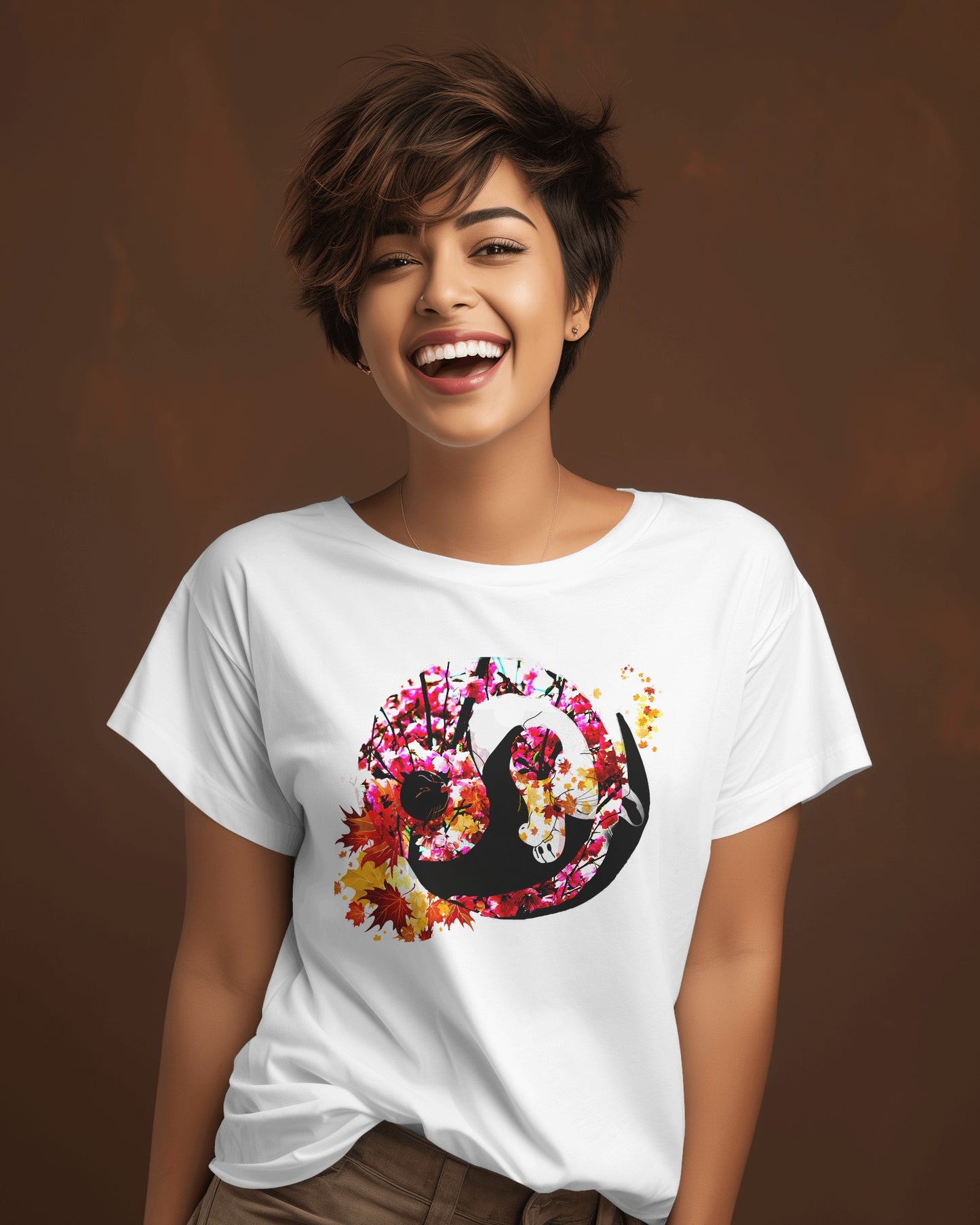 Soft White color t-shirt featuring artistic yin yang symbol created with black and white cats in circular balance
