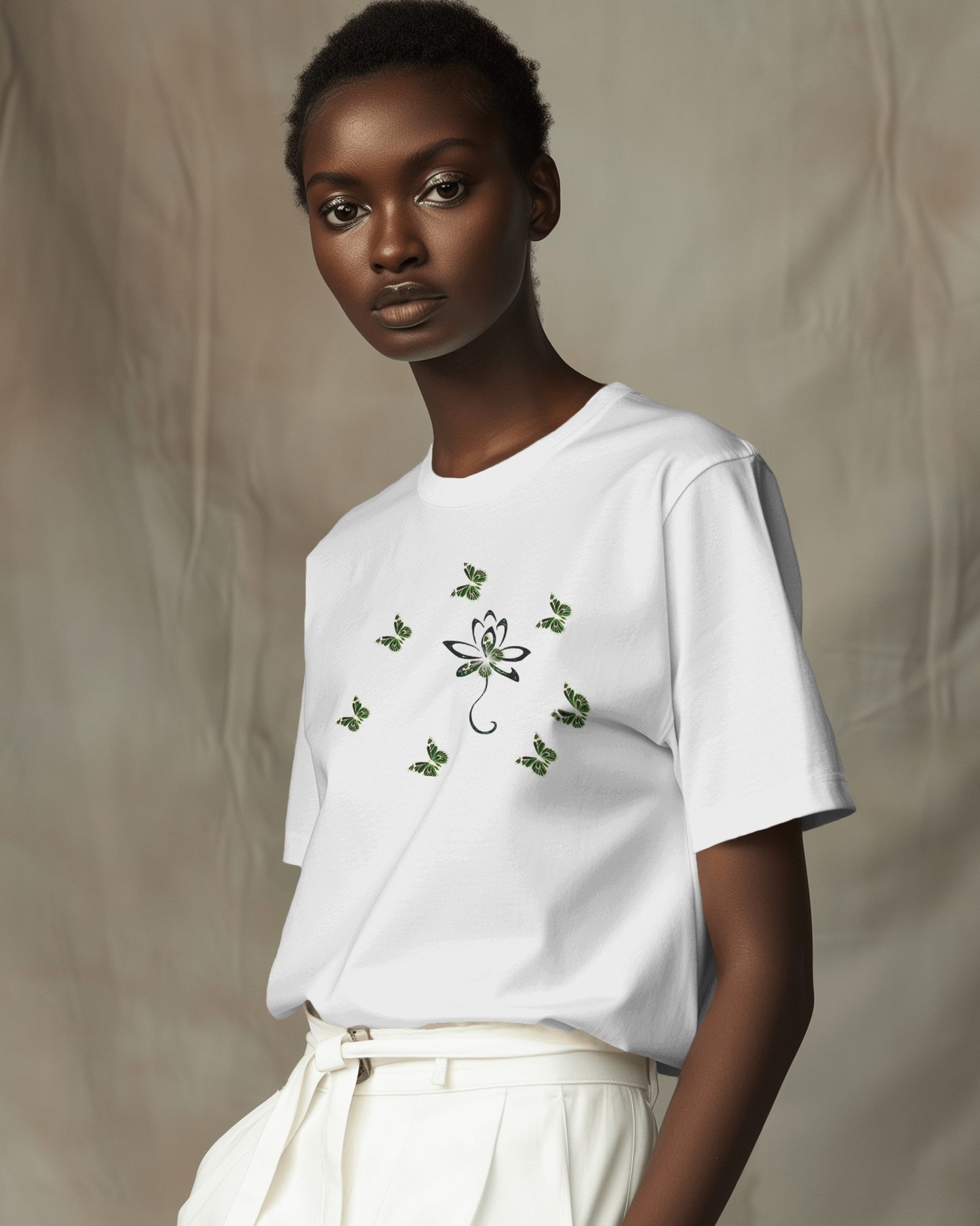 Eco-friendly organic cotton White color t-shirt with green environmental design featuring leaf patterns and nature symbols