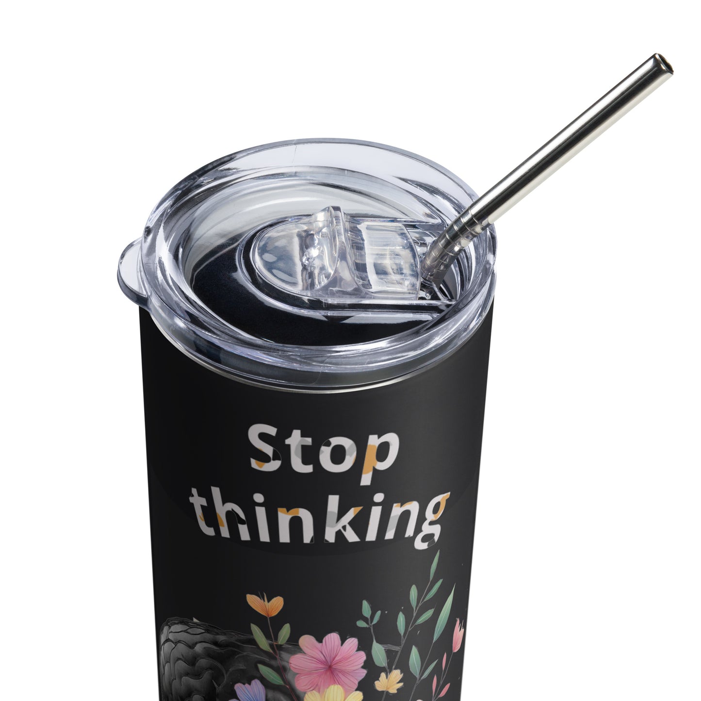 Customized Black 20oz stainless steel tumbler with artistic design and sliding lid