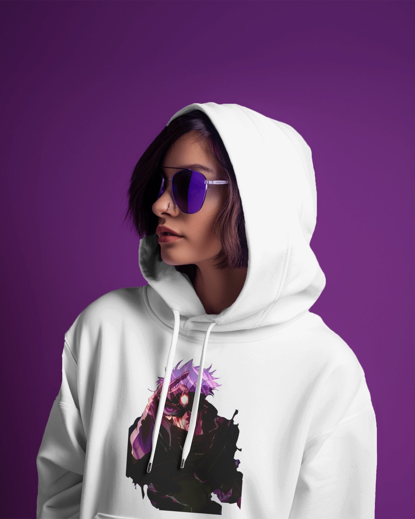White infinity streetwear hoodie featuring minimal urban design, oversized hood and split pocket details