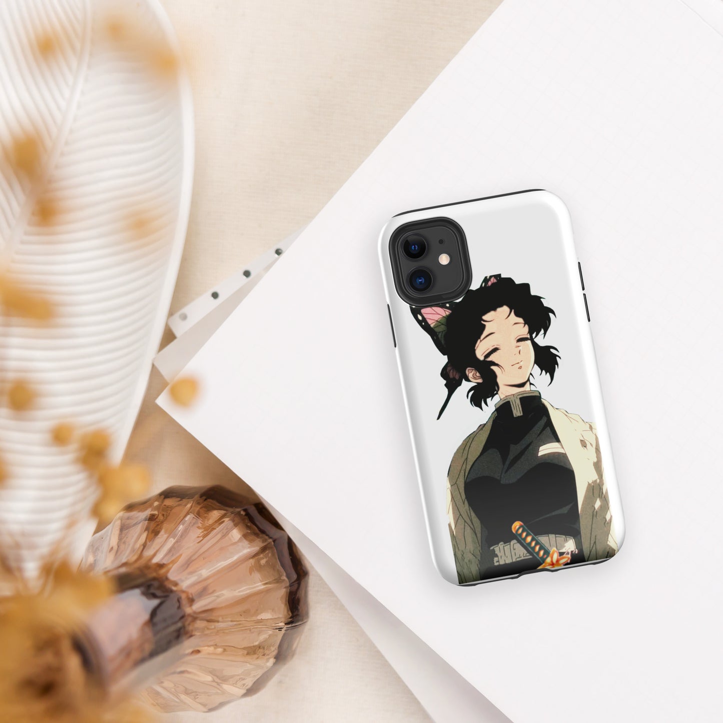 Purple and black iPhone case featuring Insect Hashira Shinobu Kocho from Demon Slayer with butterfly design