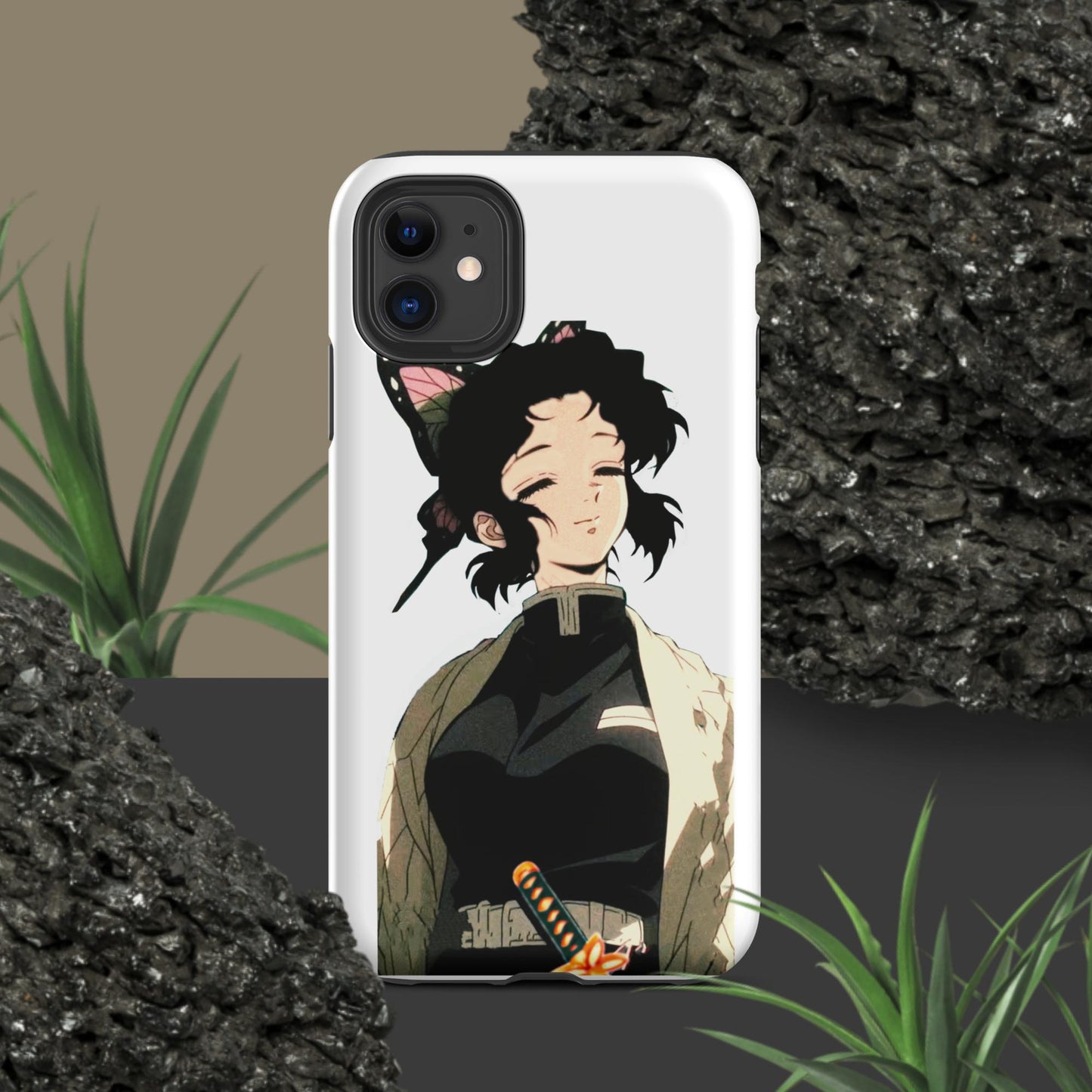 Purple and black iPhone case featuring Insect Hashira Shinobu Kocho from Demon Slayer with butterfly design