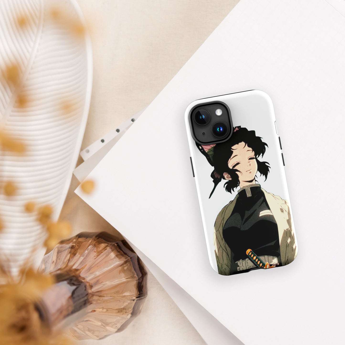 Purple and black iPhone case featuring Insect Hashira Shinobu Kocho from Demon Slayer with butterfly design