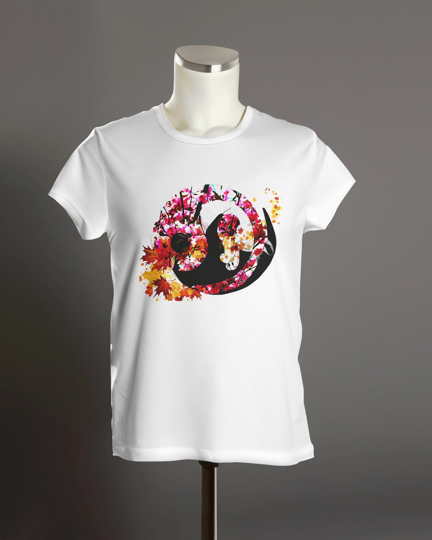 Soft White color t-shirt featuring artistic yin yang symbol created with black and white cats in circular balance