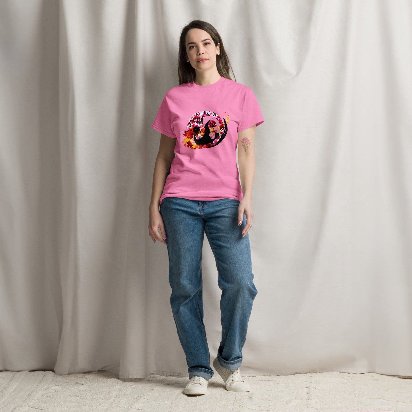 Soft Azalea pink color t-shirt featuring artistic yin yang symbol created with black and white cats in circular balance