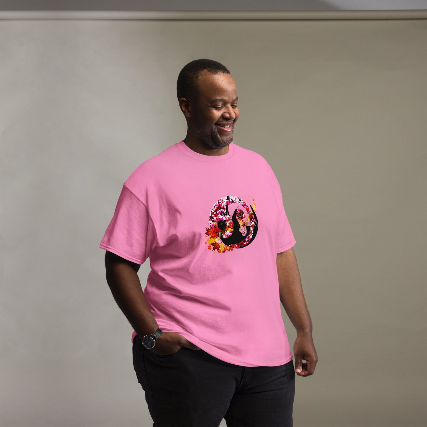 Soft Azalea pink color t-shirt featuring artistic yin yang symbol created with black and white cats in circular balance
