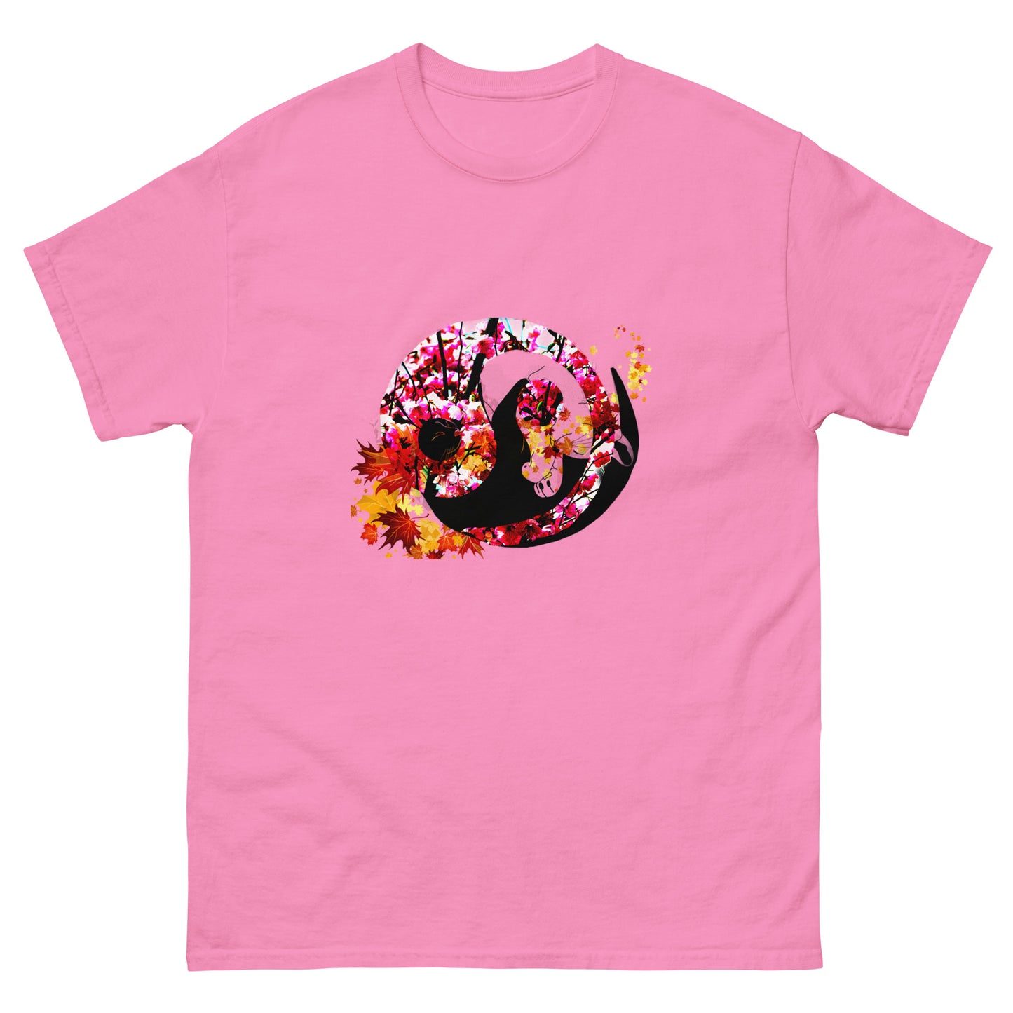 Soft Azalea pink color t-shirt featuring artistic yin yang symbol created with black and white cats in circular balance