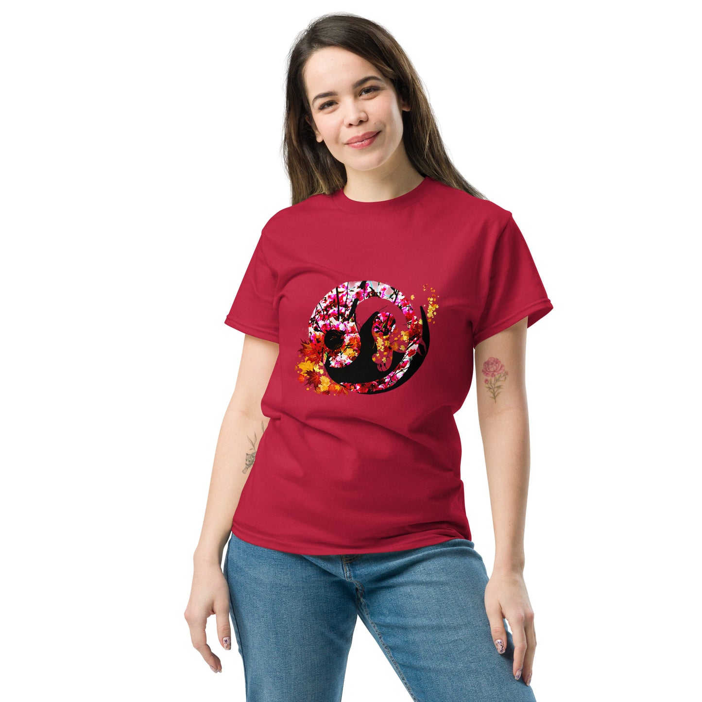 Soft Cardinal color t-shirt featuring artistic yin yang symbol created with black and white cats in circular balance
