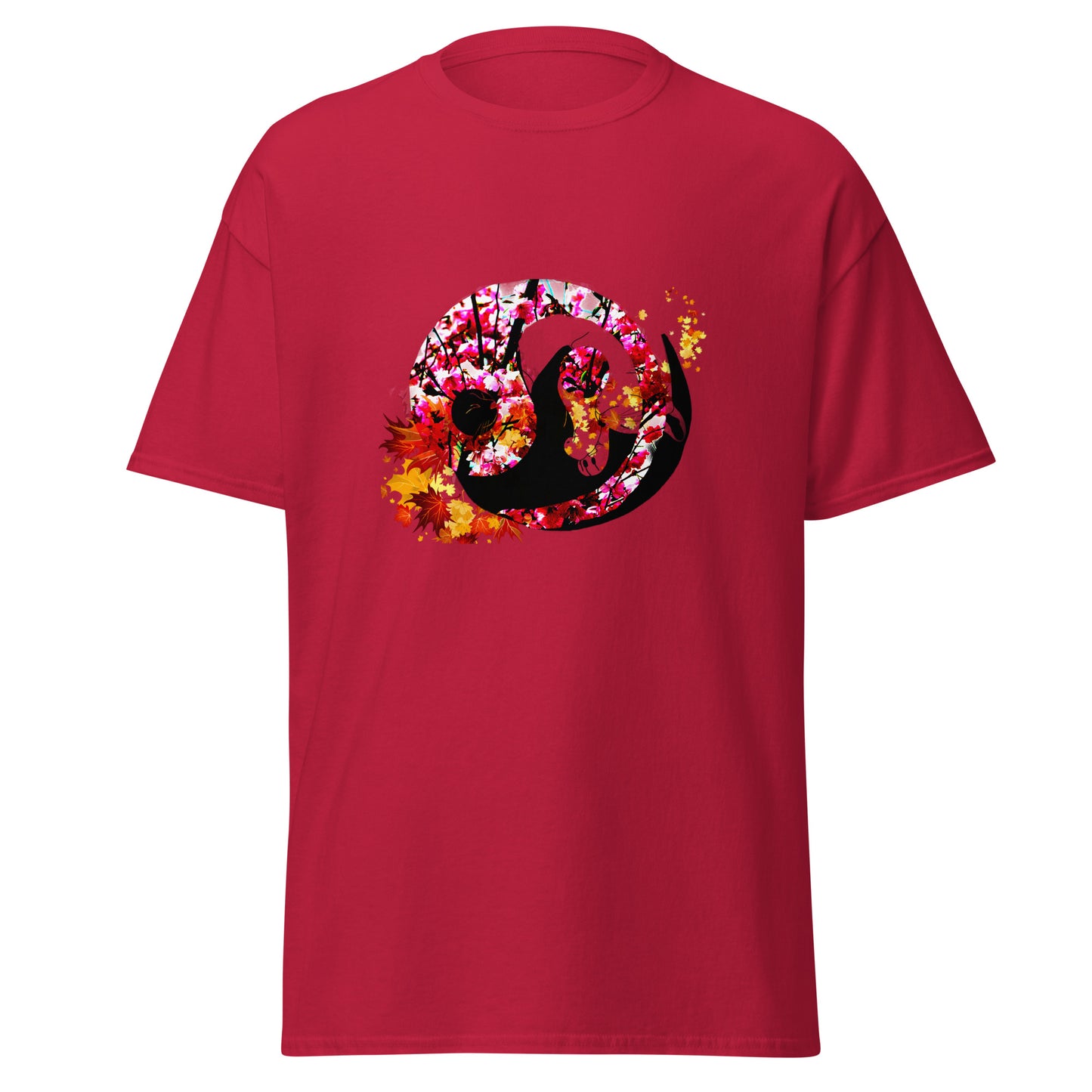 Soft Cardinal color t-shirt featuring artistic yin yang symbol created with black and white cats in circular balance