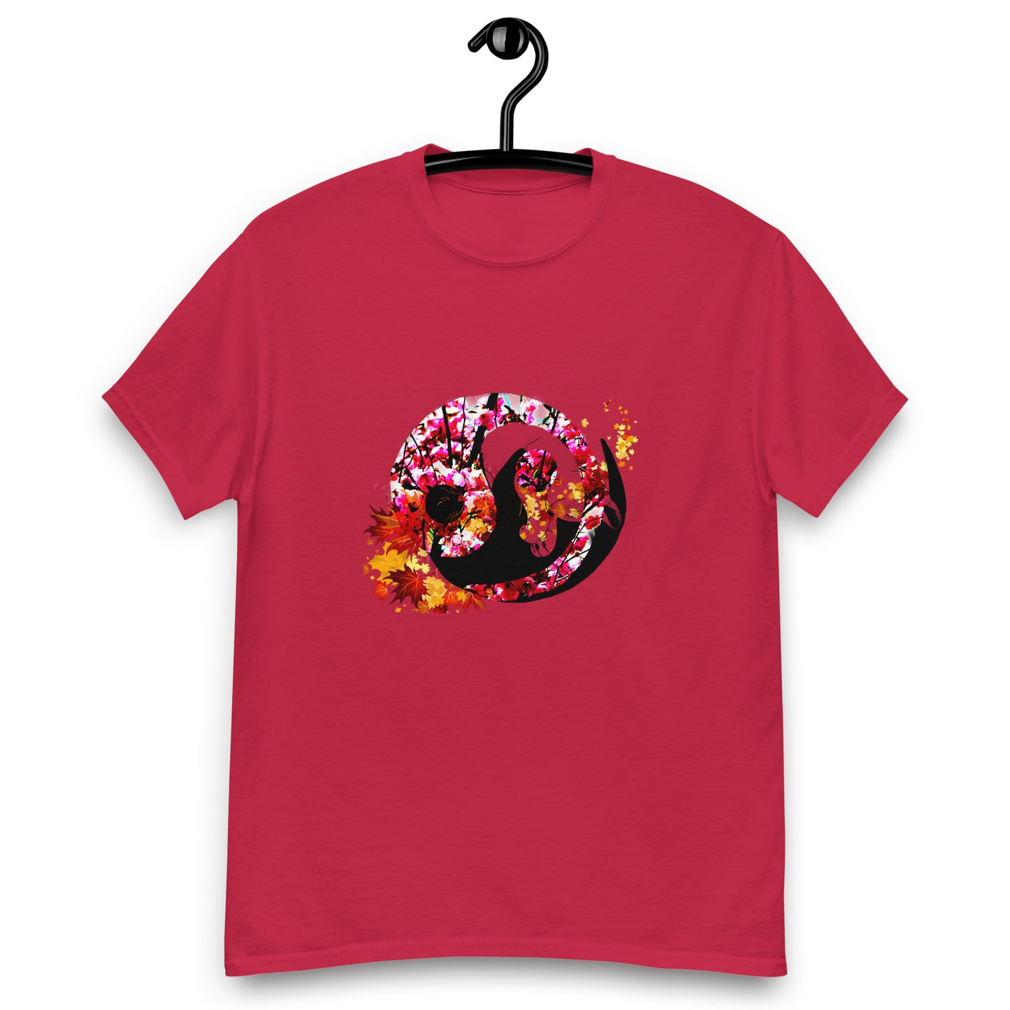 Soft Cardinal red color t-shirt featuring artistic yin yang symbol created with black and white cats in circular balance
