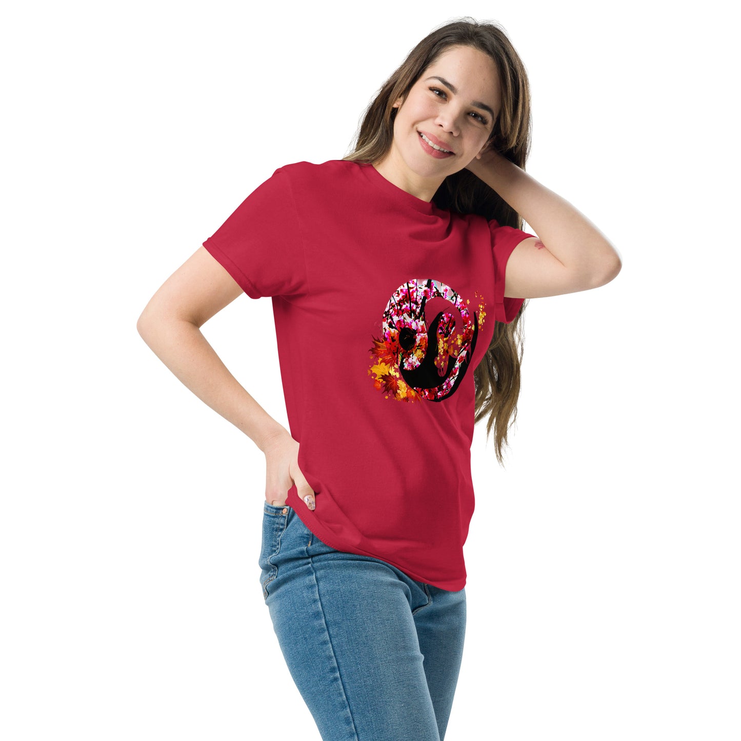 Soft Cardinal red color t-shirt featuring artistic yin yang symbol created with black and white cats in circular balance