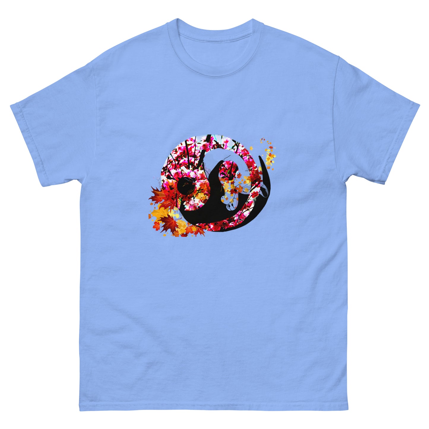 Soft Carolina Blue color t-shirt featuring artistic yin yang symbol created with black and white cats in circular balance