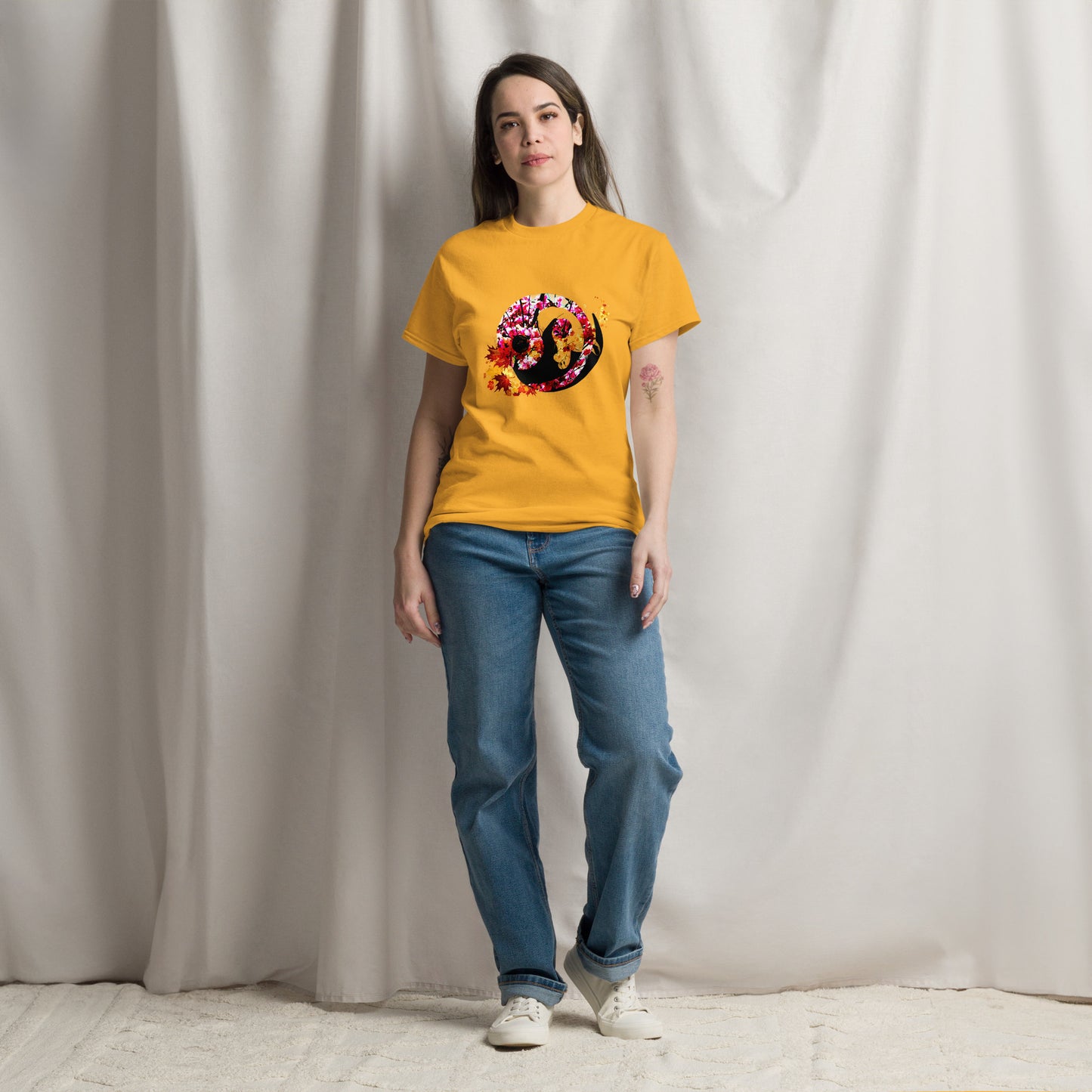 Soft Gold Yellow color t-shirt featuring artistic yin yang symbol created with black and white cats in circular balance