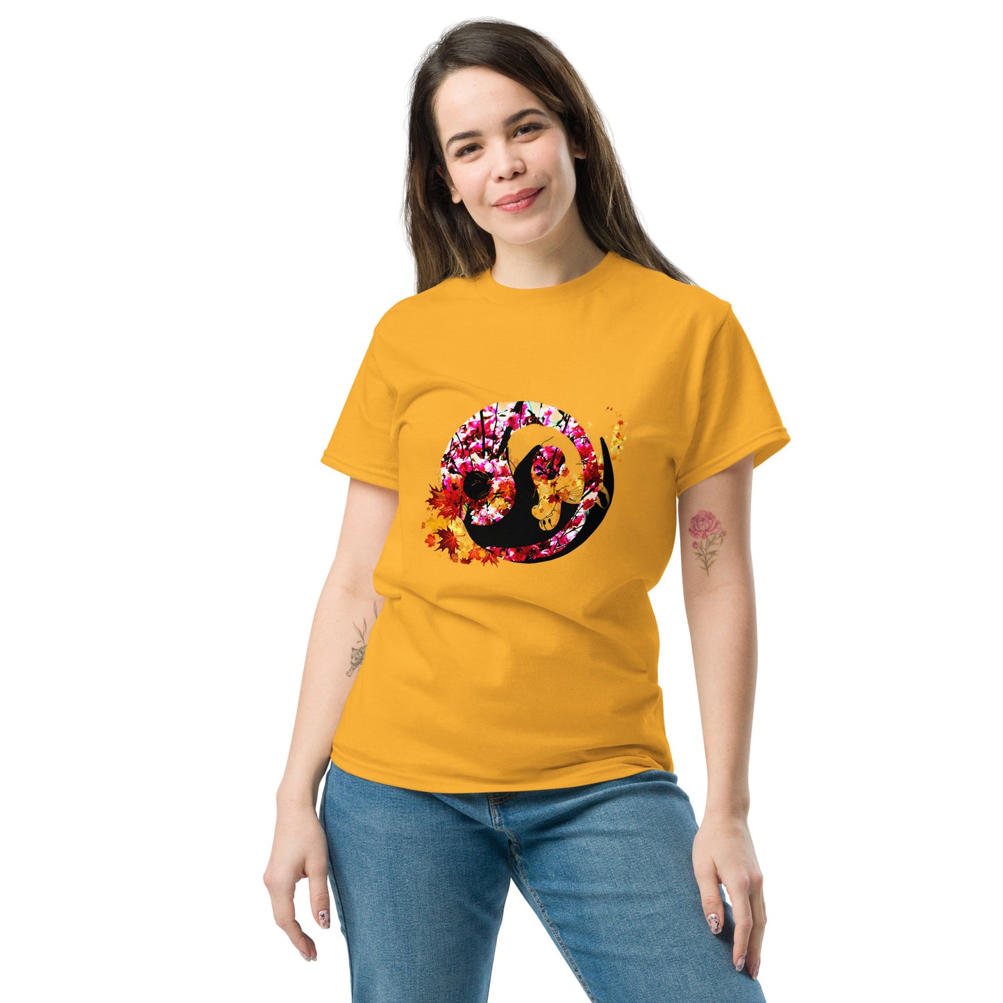 Soft Gold Yellow color t-shirt featuring artistic yin yang symbol created with black and white cats in circular balance