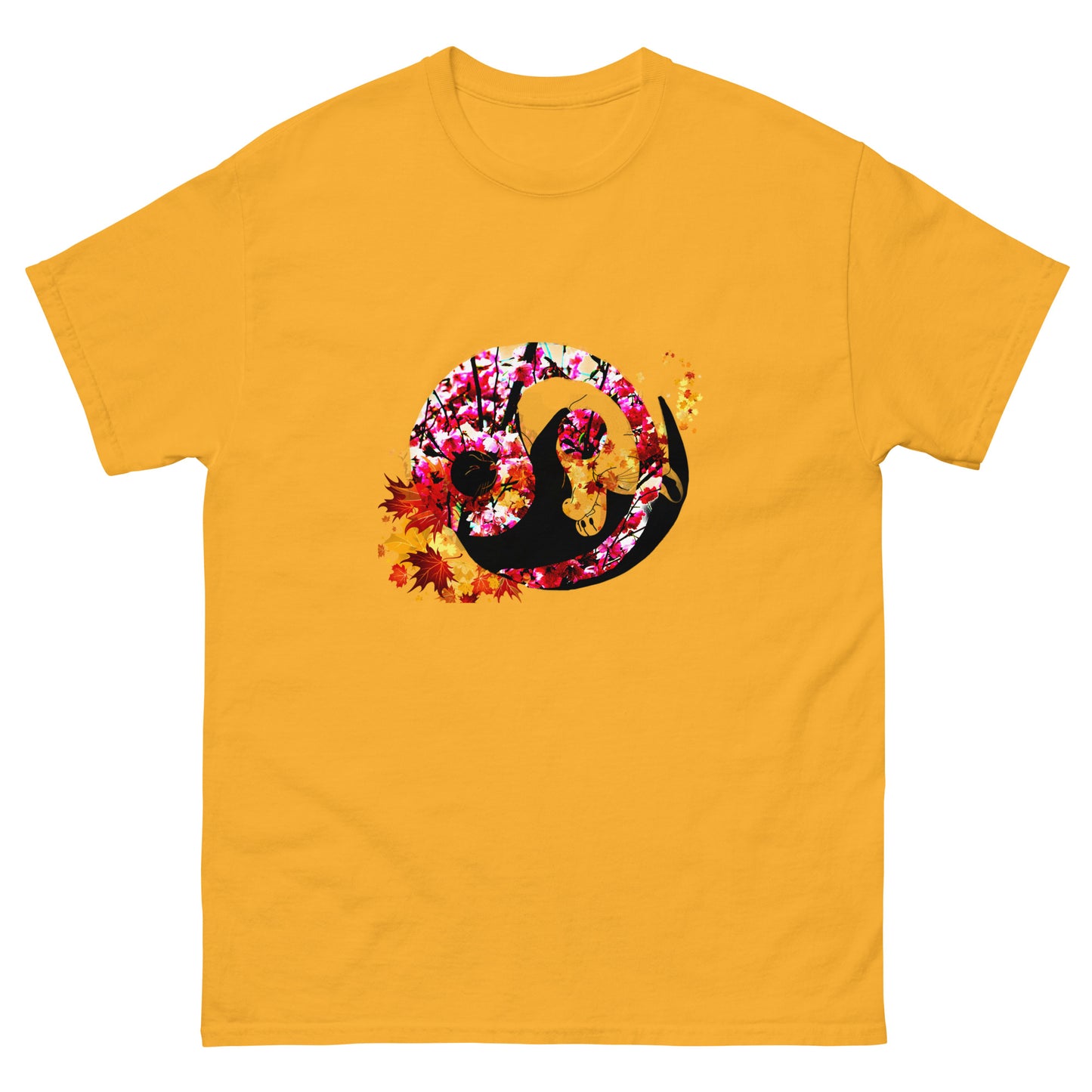 Soft Gold Yellow color t-shirt featuring artistic yin yang symbol created with black and white cats in circular balance