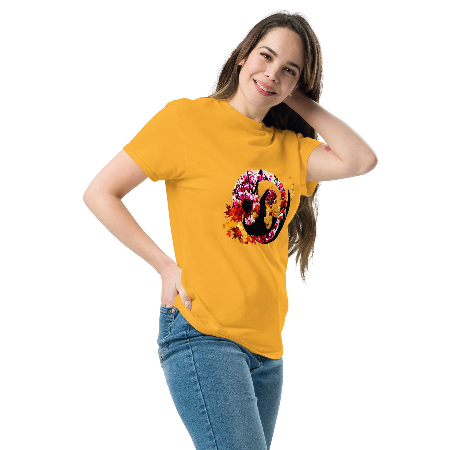 Soft Gold Yellow color t-shirt featuring artistic yin yang symbol created with black and white cats in circular balance
