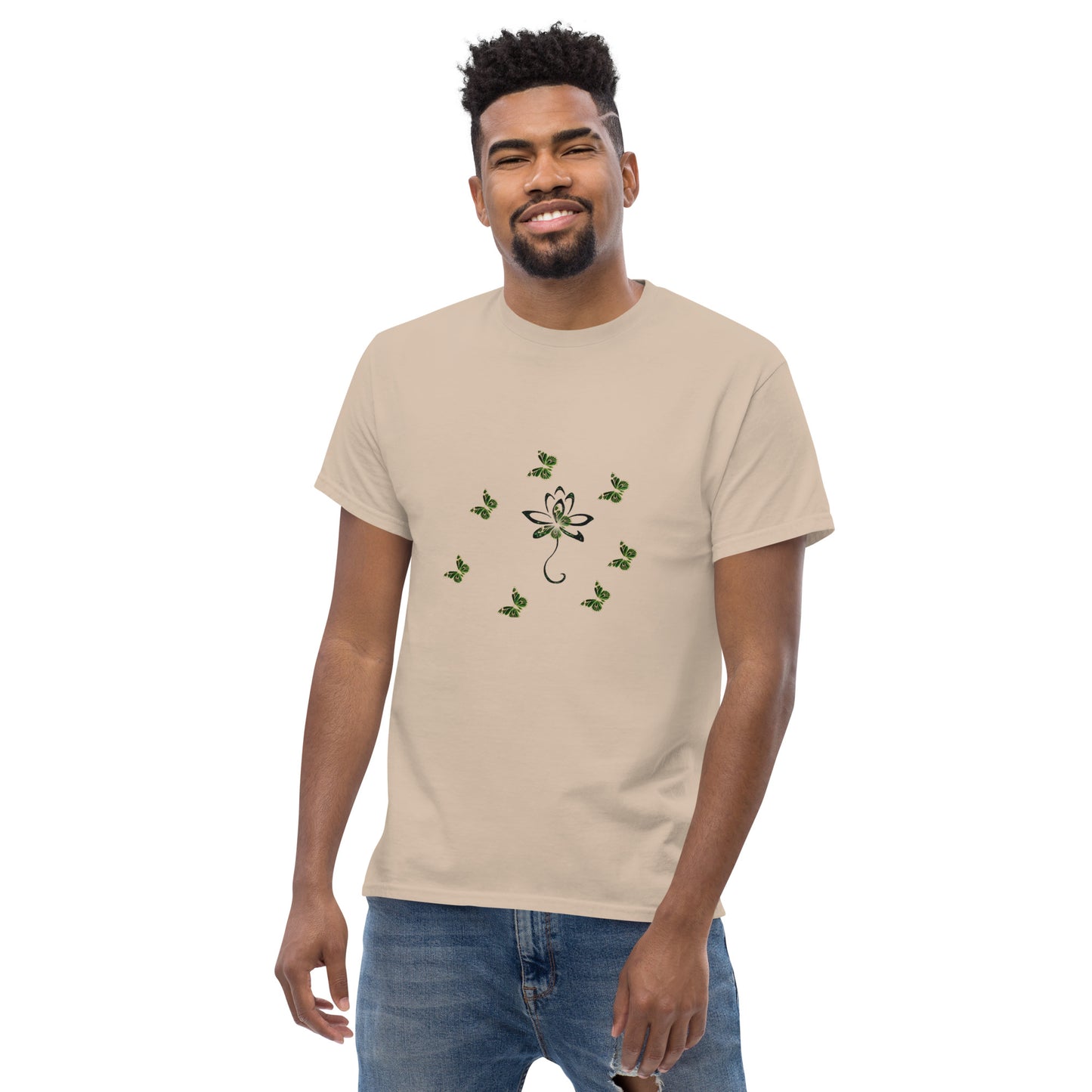 Eco-friendly organic cotton Sand color t-shirt with green environmental design featuring leaf patterns and nature symbols