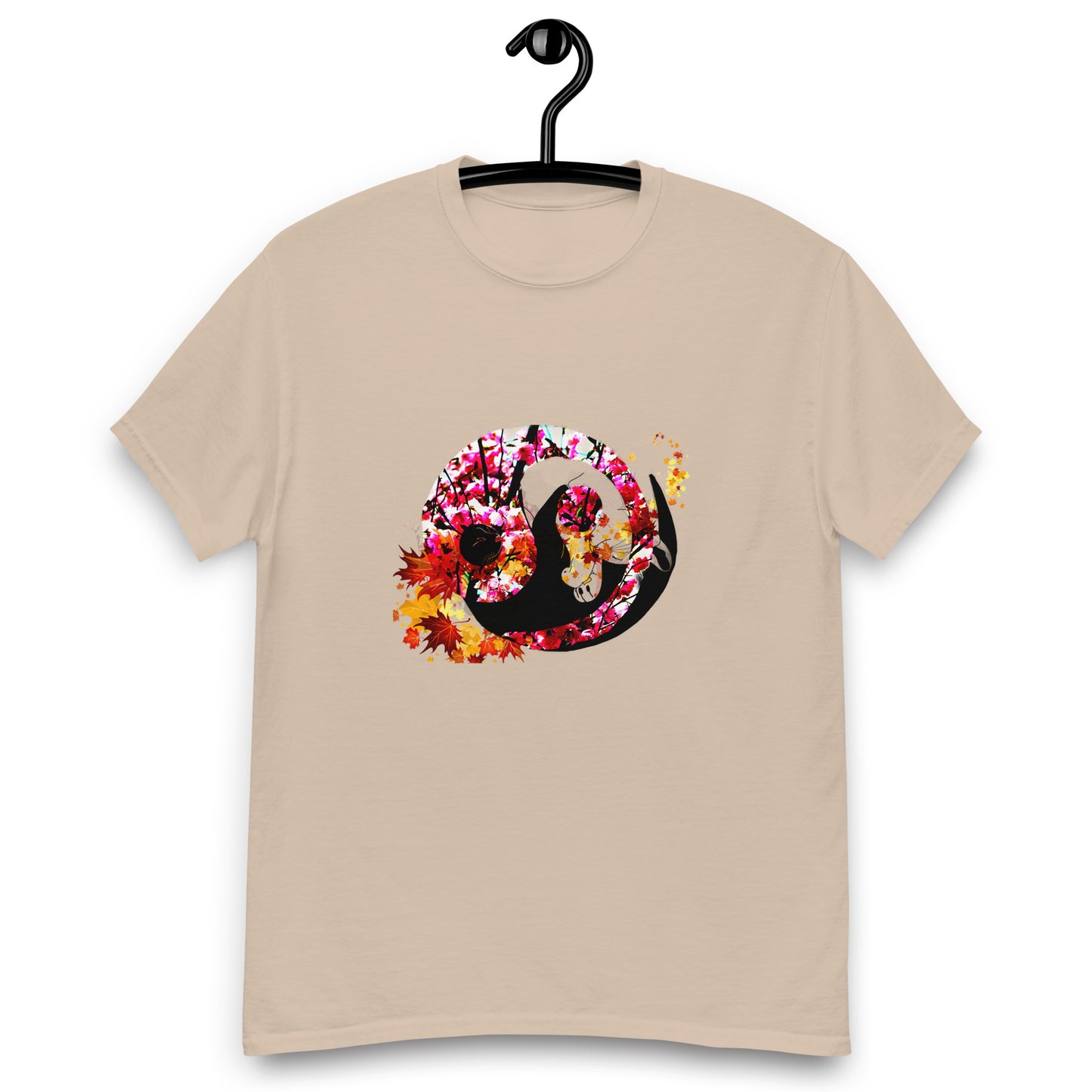 Soft Sand color t-shirt featuring artistic yin yang symbol created with black and white cats in circular balance