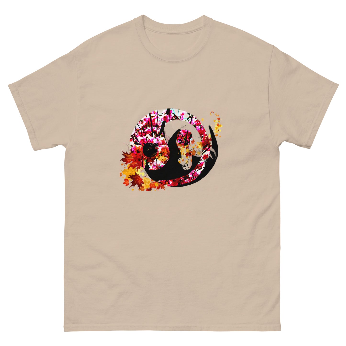 Soft Sand color t-shirt featuring artistic yin yang symbol created with black and white cats in circular balance